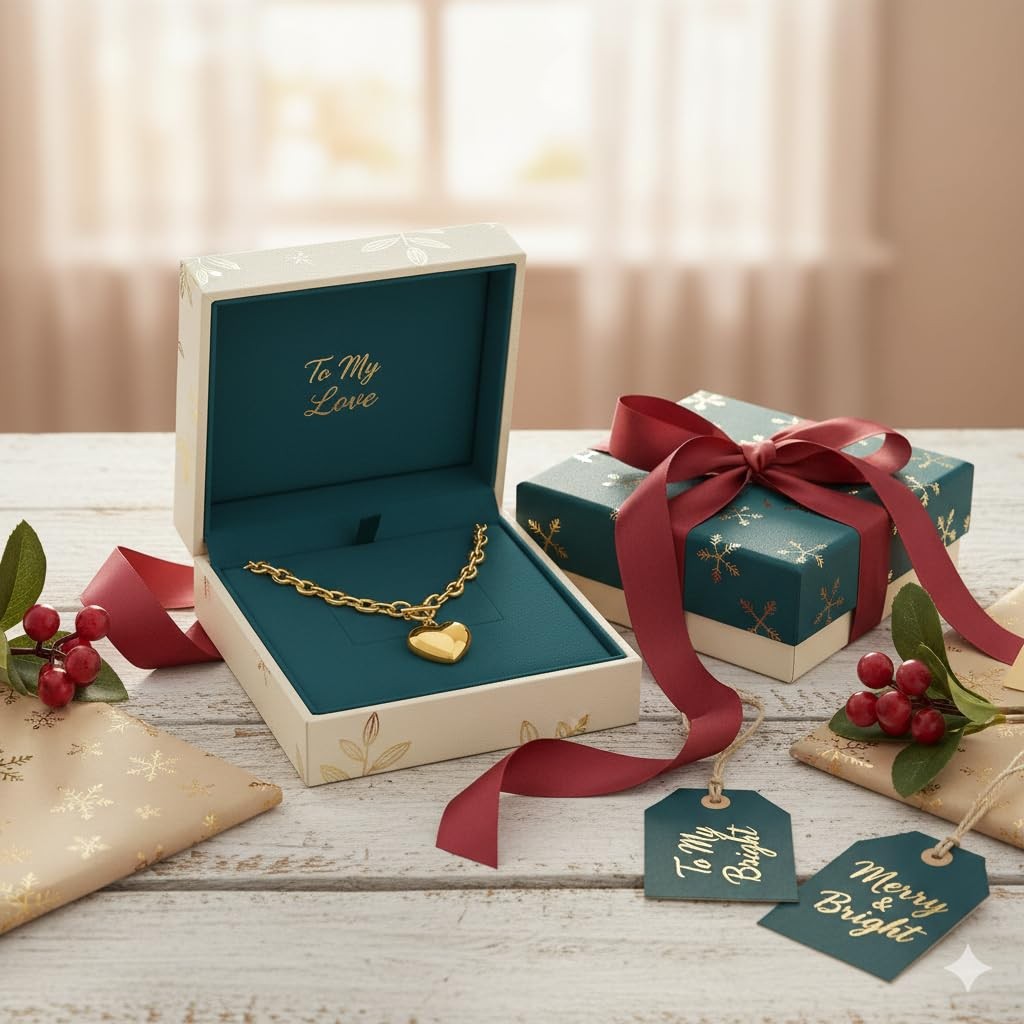 Chunky Gold Heart Necklace for Women, 18K GoldPlated Link Chain with Puffy He…