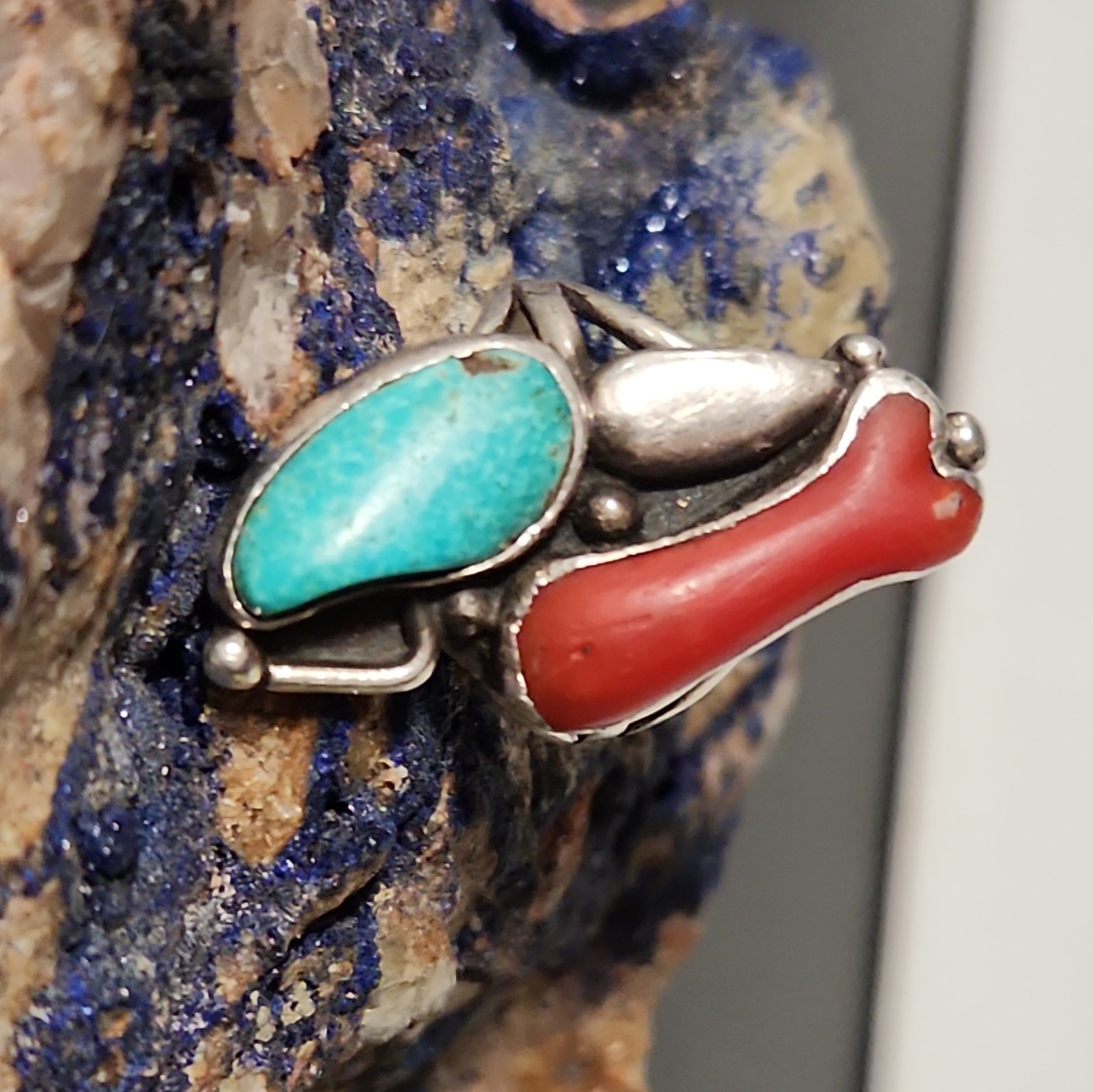 David Taliman Lone Mountain Turquoise Red Coral SS .925 S7-7.5 Azurite Specimen