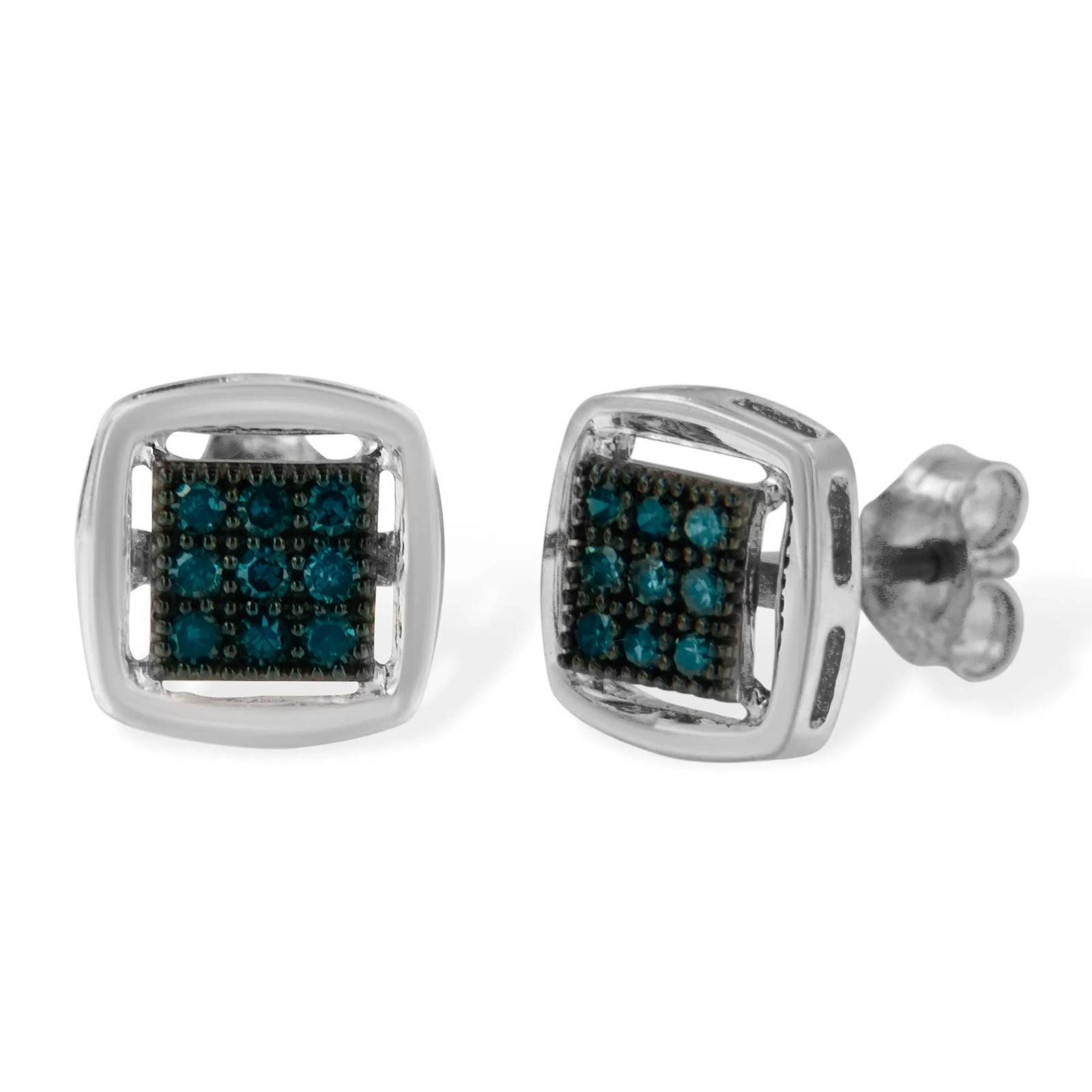Sterling Silver Rose Cut Treated Blue Diamond Square Stud Earring (0.25 cttw, Bl