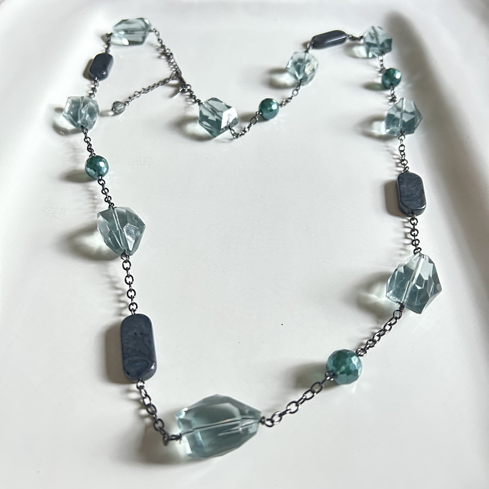 LIA SOPHIA 41″ bead Necklace gray teal blue faux pearl silver tone chain