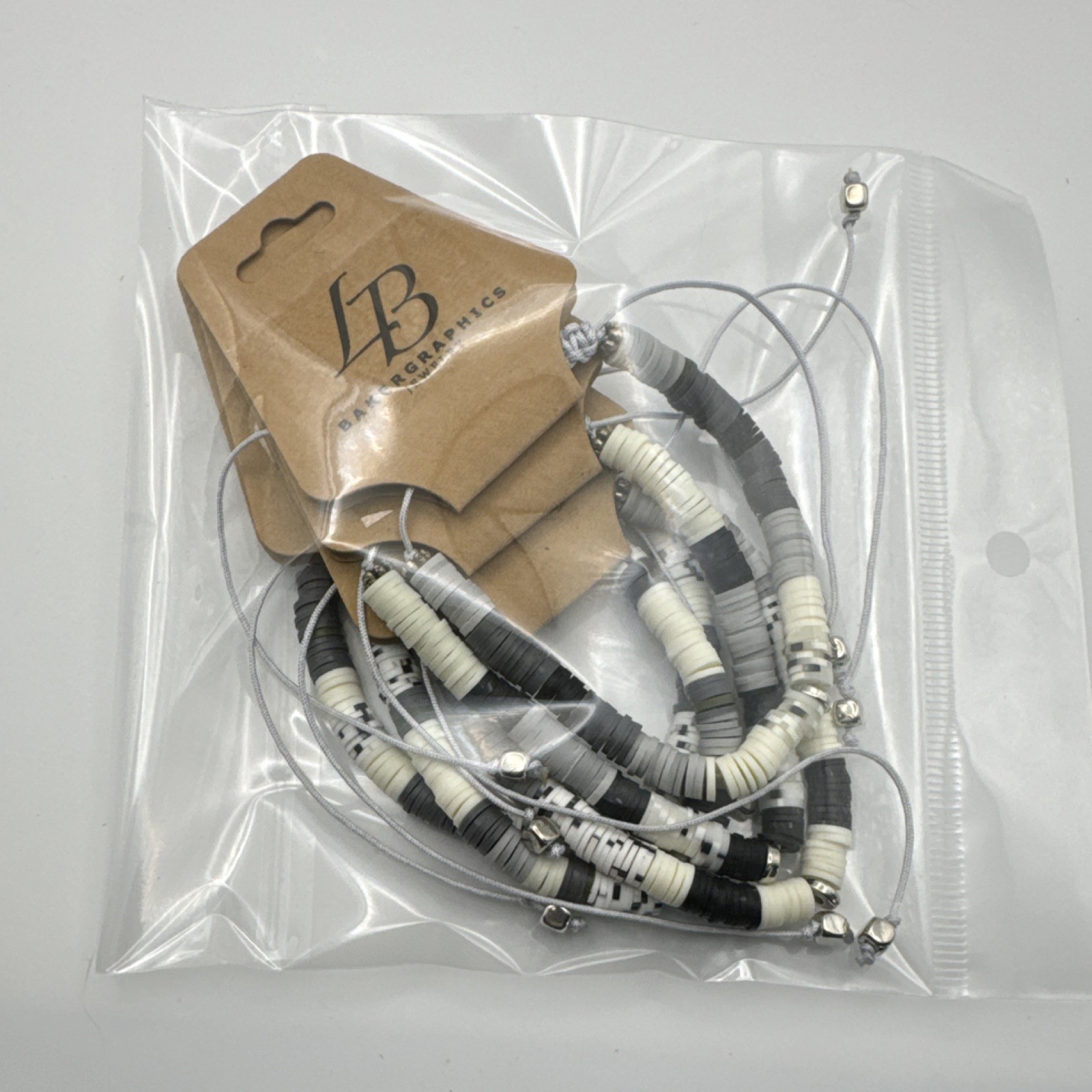 Baker Graphics Jewelry Beaded Adjustable Cord Bracelets Gray White Black