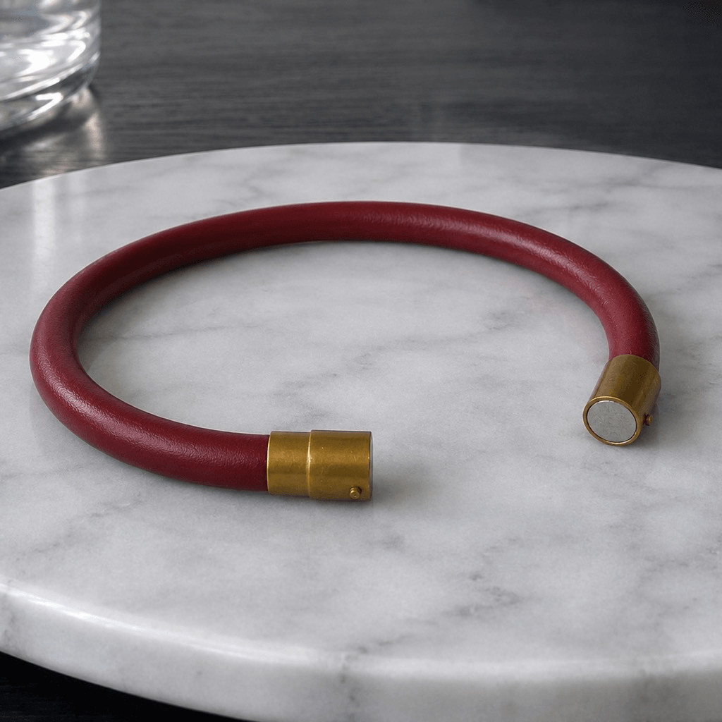 Men’s Burgundy Red Leather Bracelet, Antique Brass Barrel Clasp