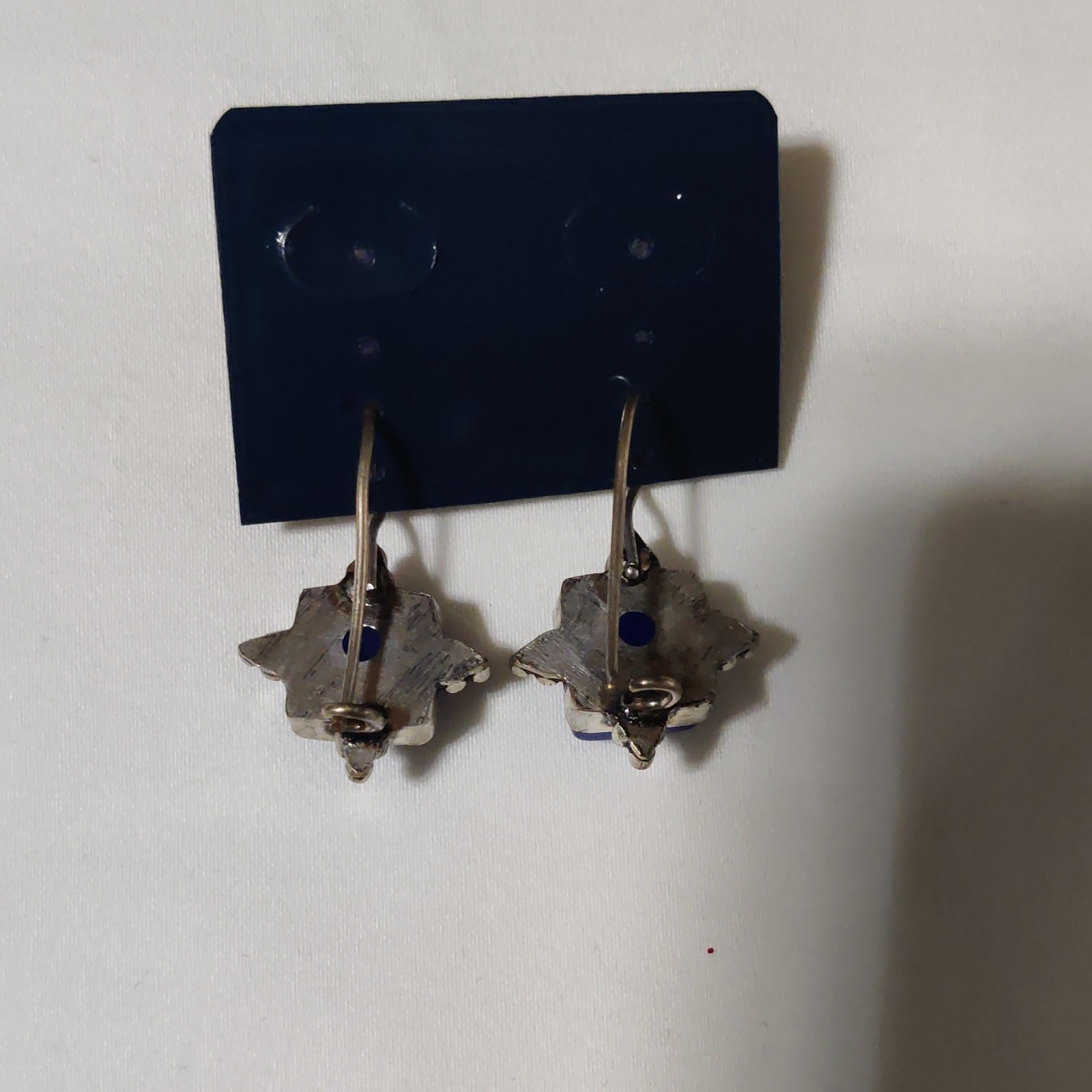 Silver Tone Blue Square Dangle Drop Hook Earrings, No Stone Metal Plastic