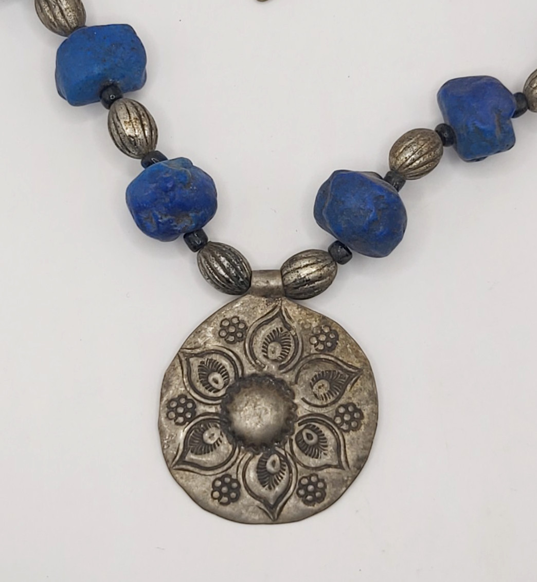 Vintage Berber Moroccan Lapis Blue Resin Bead Necklace Tribal Silver Tone Pendan