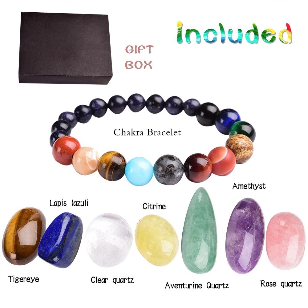 7 Chakra Crystal Stone Bracelet Gemstone Beads Meditation Gift Set with Box