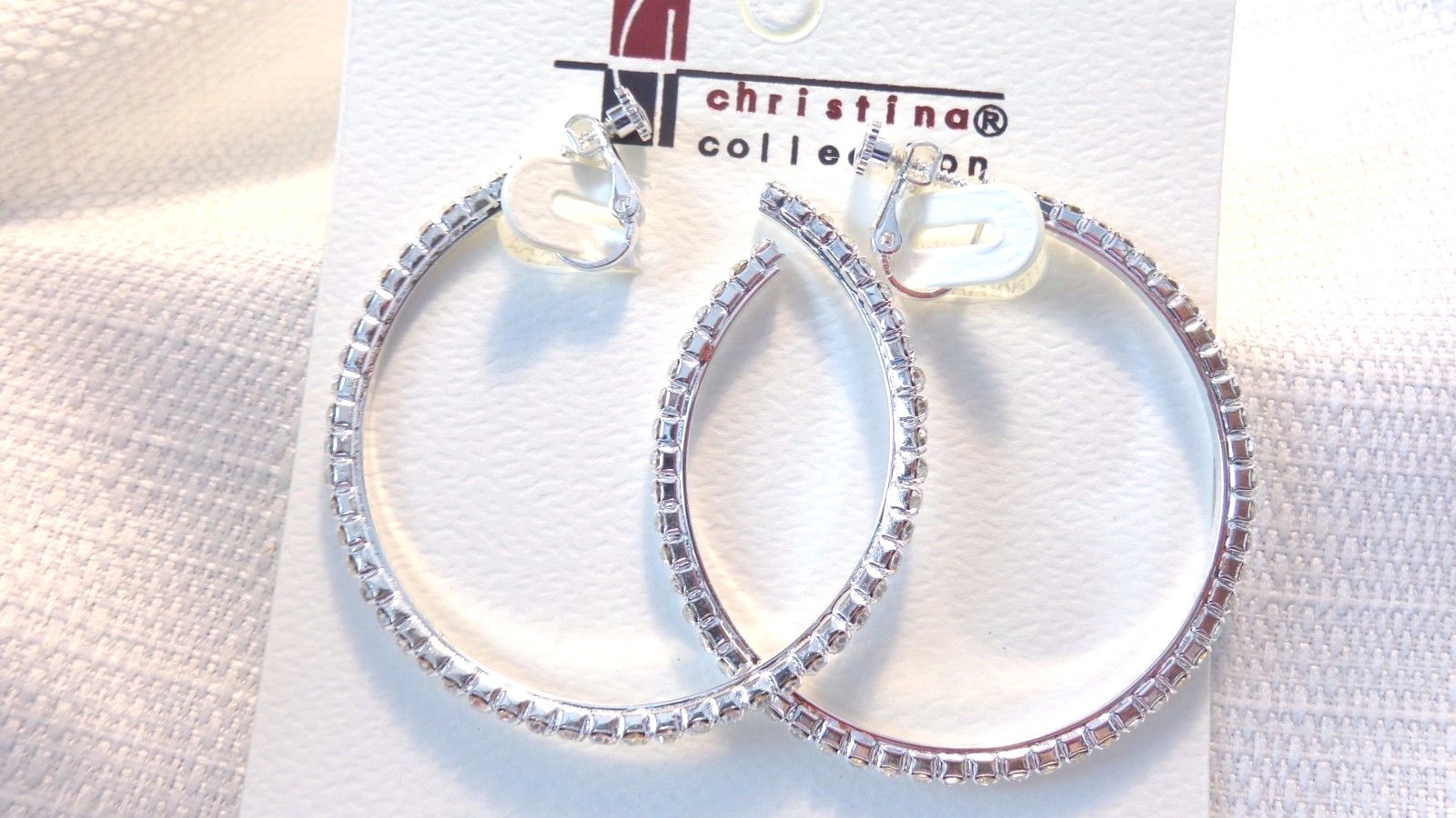 CLIP-ON EARRINGS 2.25 INCH HOOP CRYSTAL EARRINGS RHINESTONE SILVER OR GOLD TONE