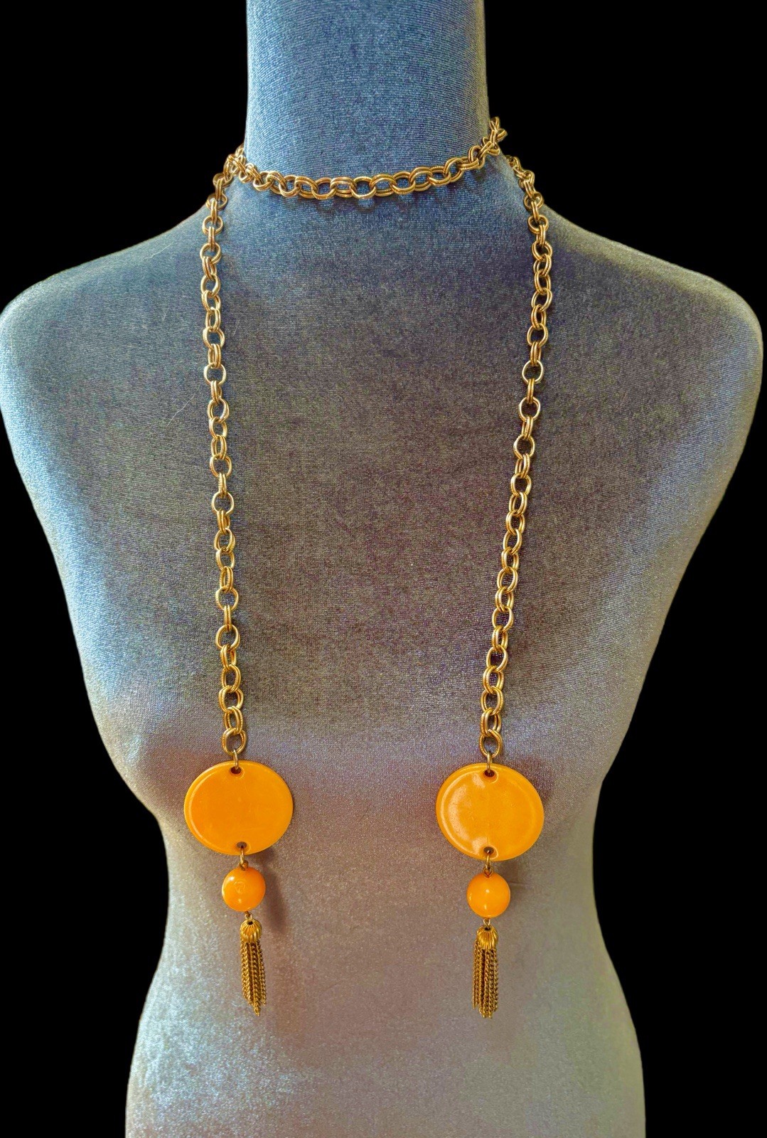 Vintage Art Deco Gold Tone Chain & Orange Lucite Sautoir Necklace Or Belt~1930s