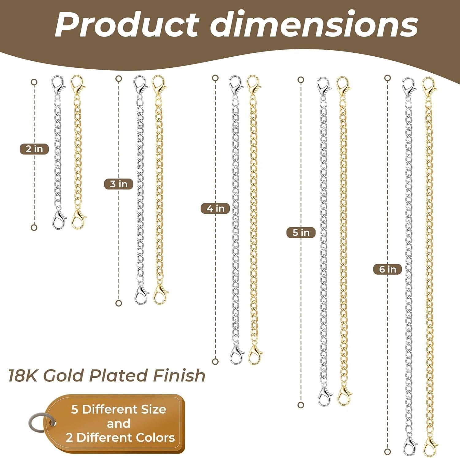 10pcs Stainless Steel Extender Chain Necklace Bracelet Extension Set 2″ 3″ 4″ 5″