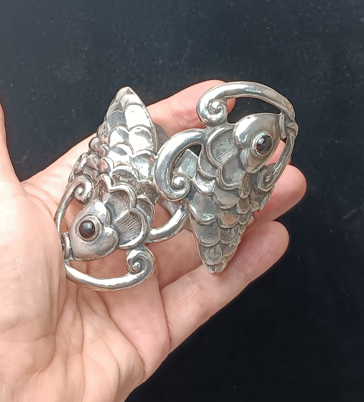 Vintage Taxco Villasana Sterling Silver Hinged Koi Fish Clamper Cuff Bracelet