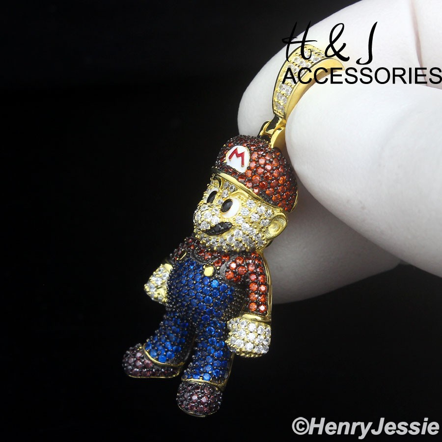 925 STERLING SILVER ICY BLING CZ HIPHOP 3D SUPER MARIO CARTOON PENDANT*ASP499