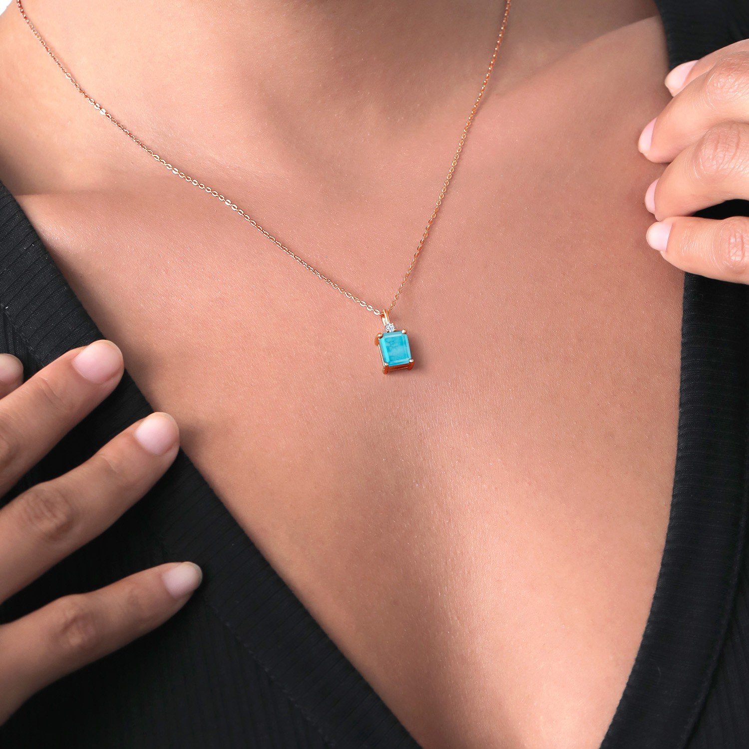 1.83 Ct Emerald Cut Green Turquoise 18K Rose Gold Plated Silver Pendant with