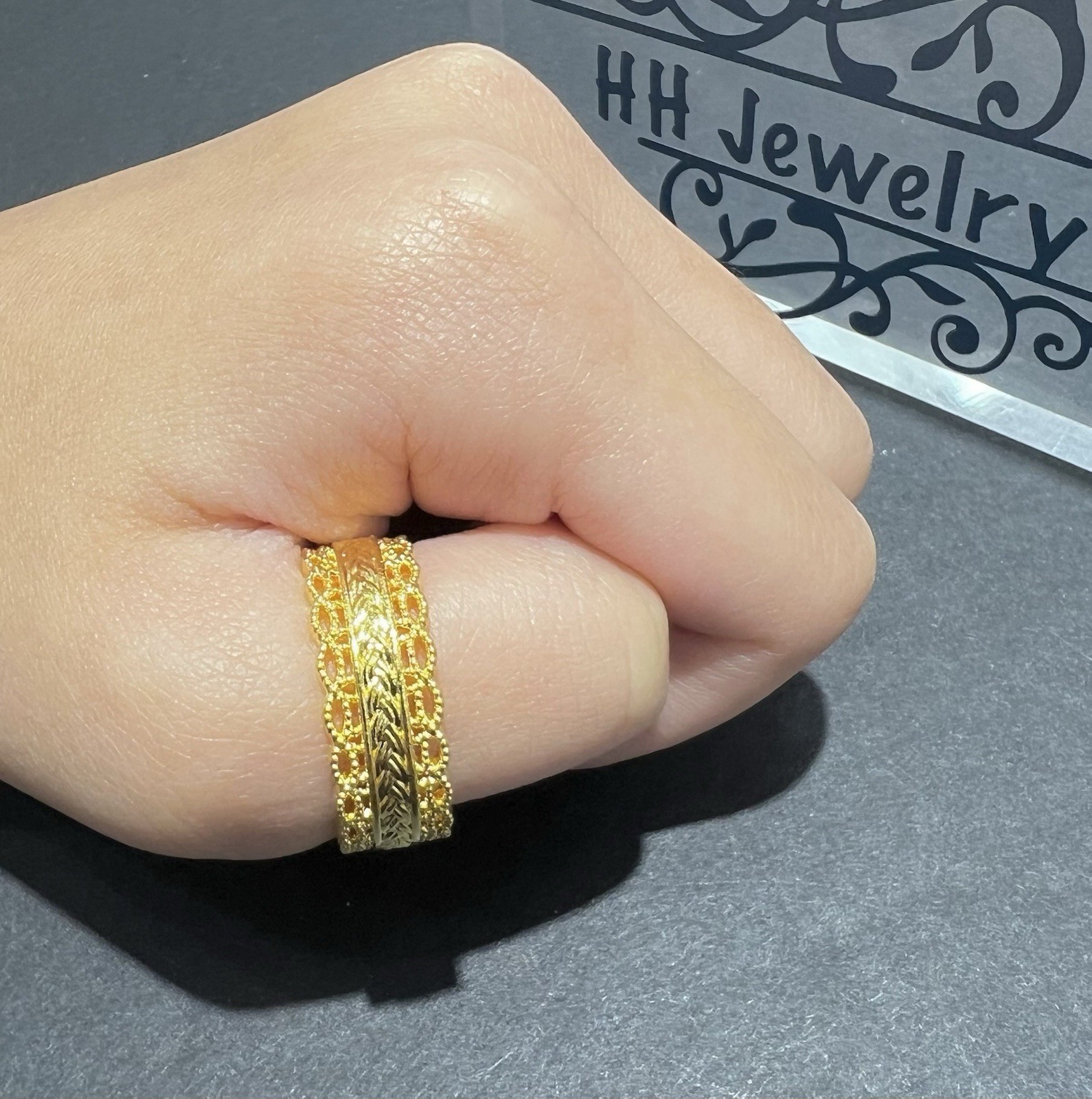 24K Yellow Gold Hollow Wide Diamond Cut Infinity Eternity Ring Band