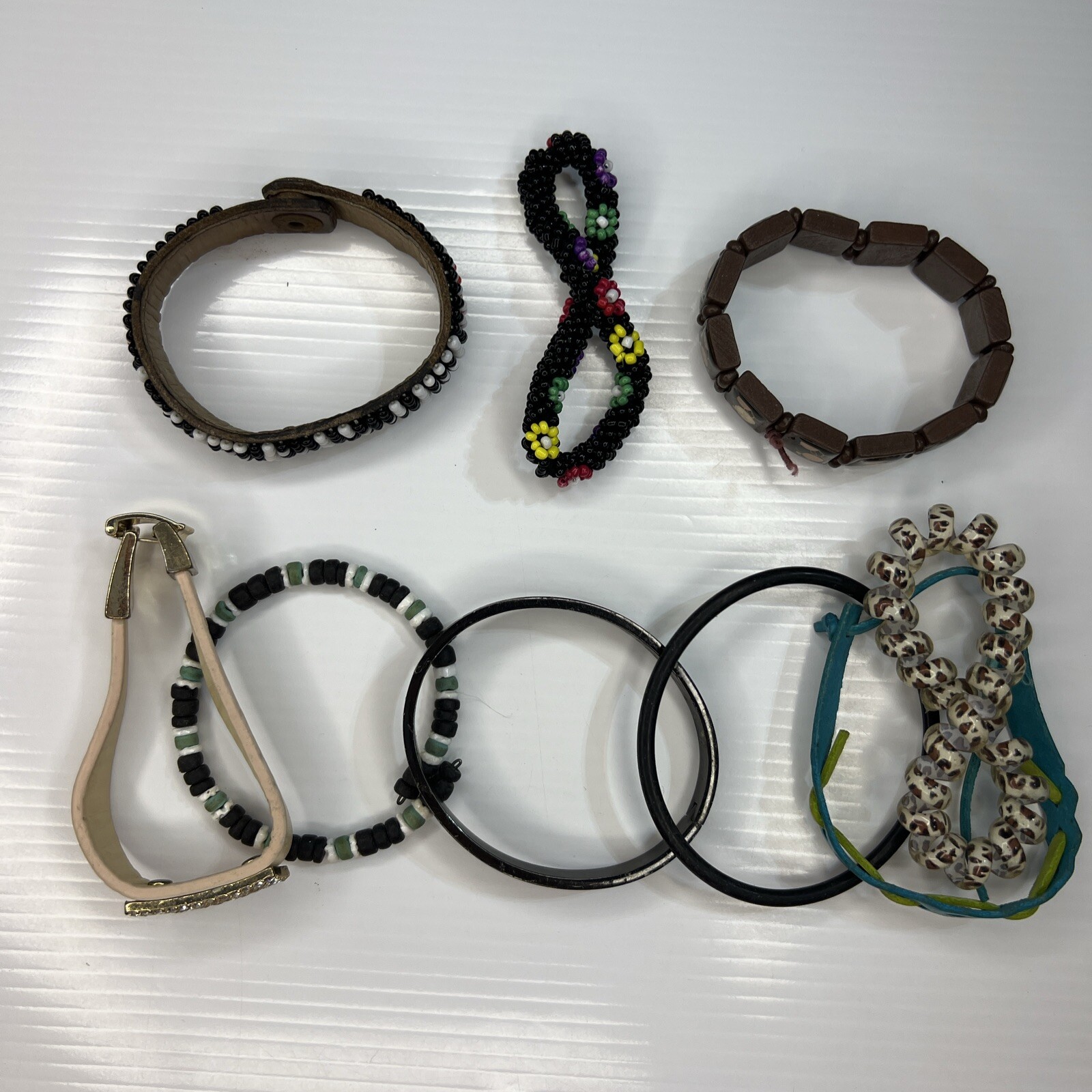 Lot Black Kenya Glass Beaded Leather Boho Hippie Wood Retro Bracelets