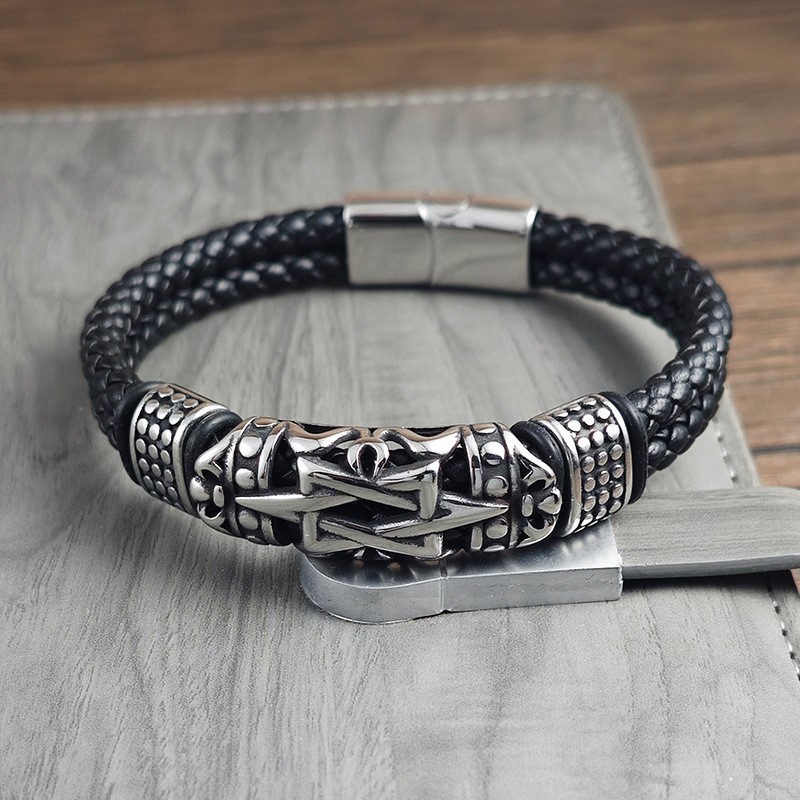 Men’s Hexagram Leather Bracelet Stainless Steel Braided Multi-Layer Cuff Gift