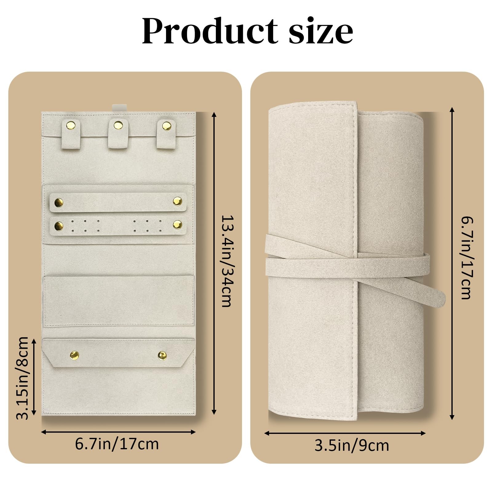 Travel Jewelry Organizer Roll, PU Leather Case for Women, Beige