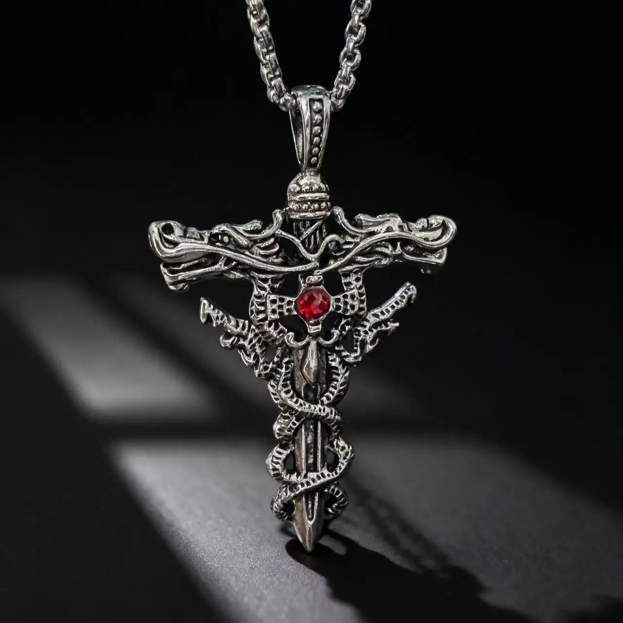 Gothic Style Double Dragon Sword Cross Pendant Necklace With 60cm Chain For