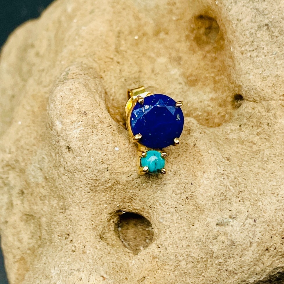 Lapis Lazuli & Turquoise Stud Earring Yellow Gold Tone Dainty Boho Jewelry Women