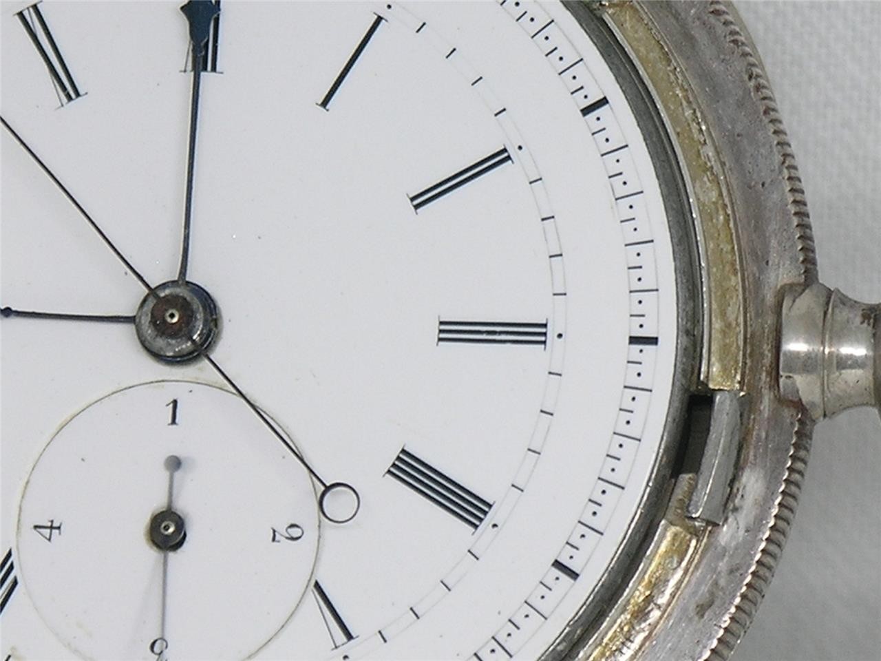 ANTIQUE 57MM HUGUENIN 1/4 JUMP SECONDS POCKETWATCH, ORIGINAL CASE, RUNNING!