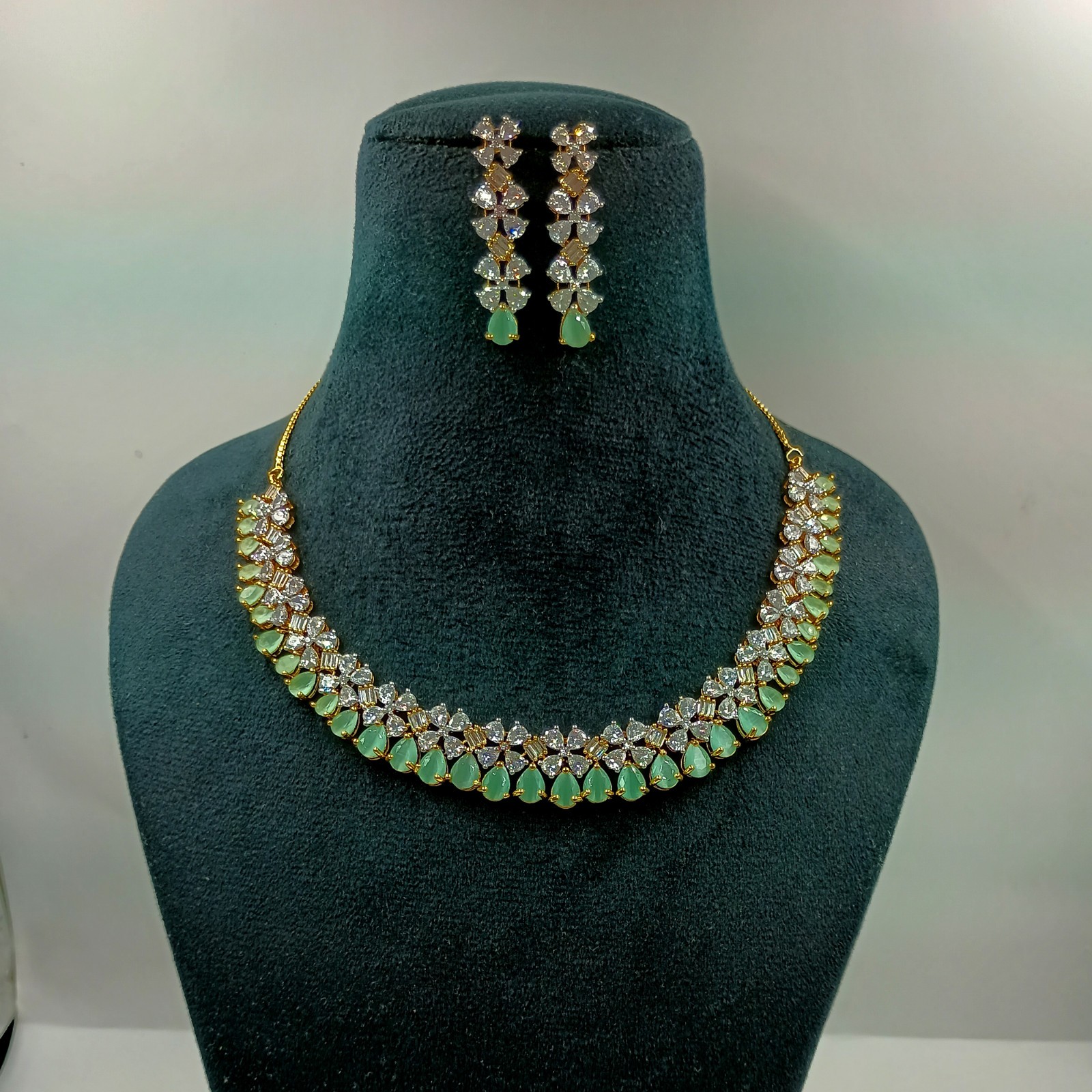 Designer Chalcedony CZ Diamond Gold Plated Necklace Set Bridal Jewelry For Women