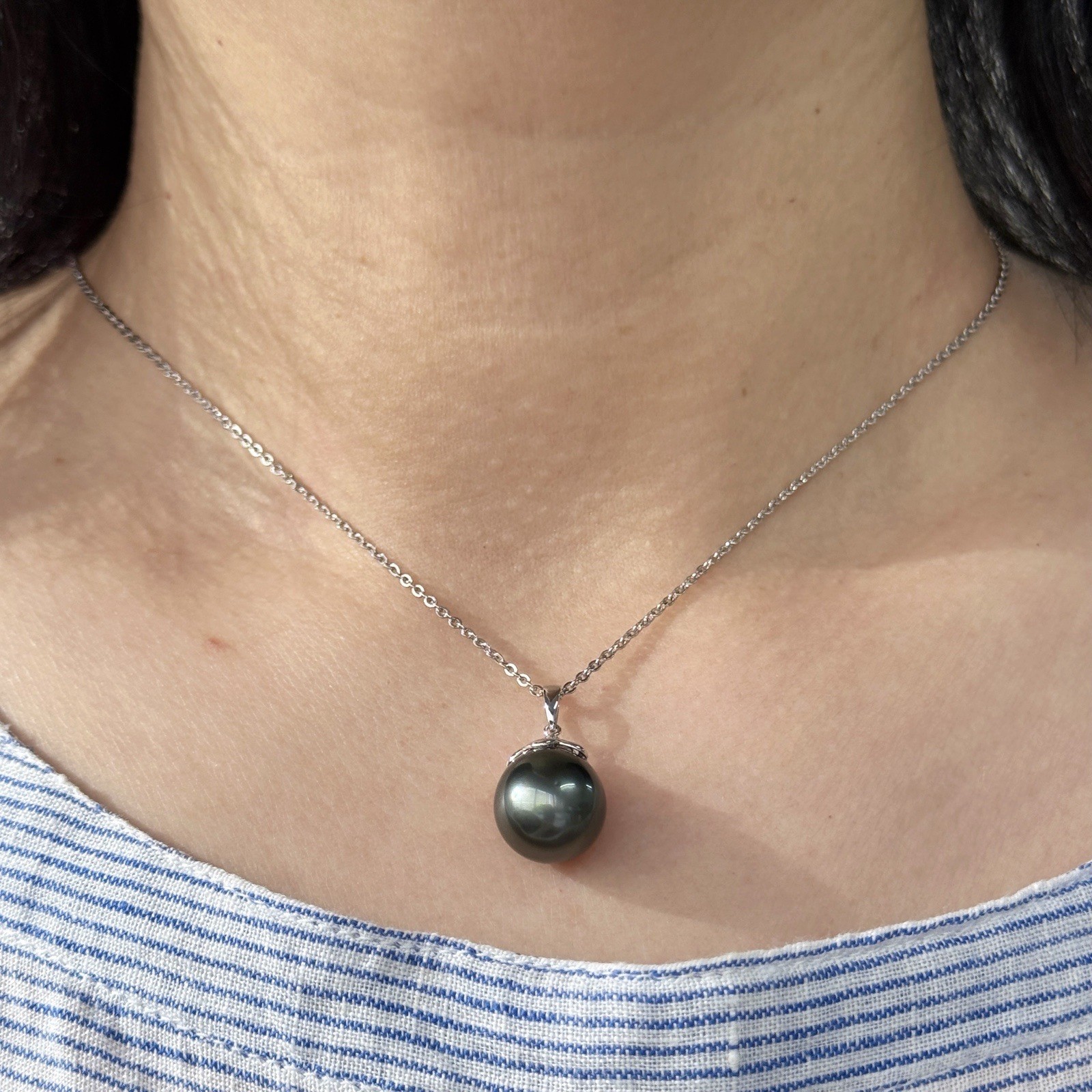 Big 12.3mm Black Green Drop Tahitian Pearl Pendant 925 Sterling Silver, 0.9″
