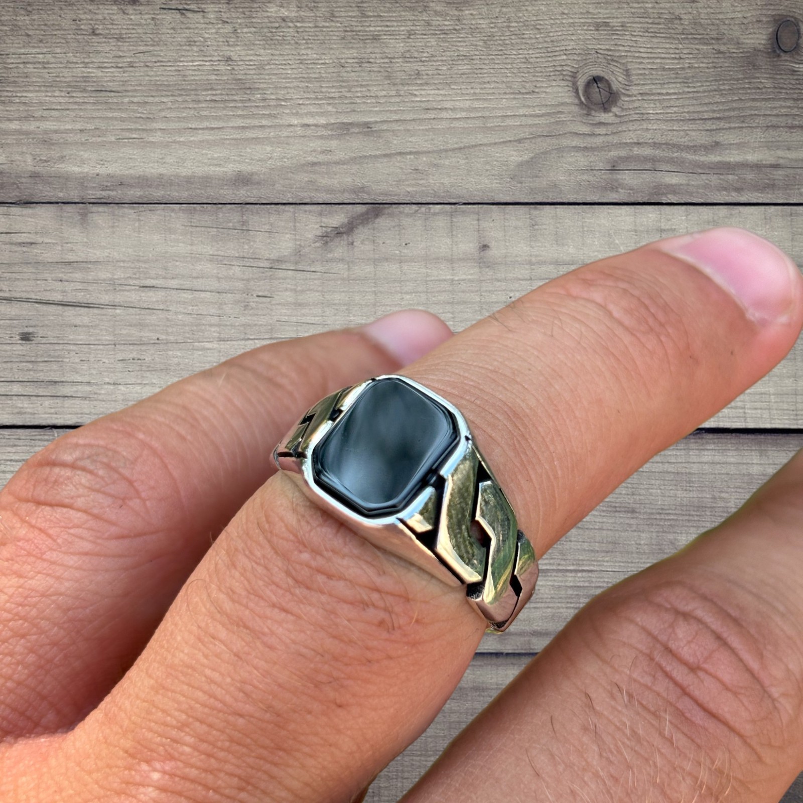 Black Onyx Stone Cuban Ring – Real Solid 925 Sterling Silver MADE IN ITALY
