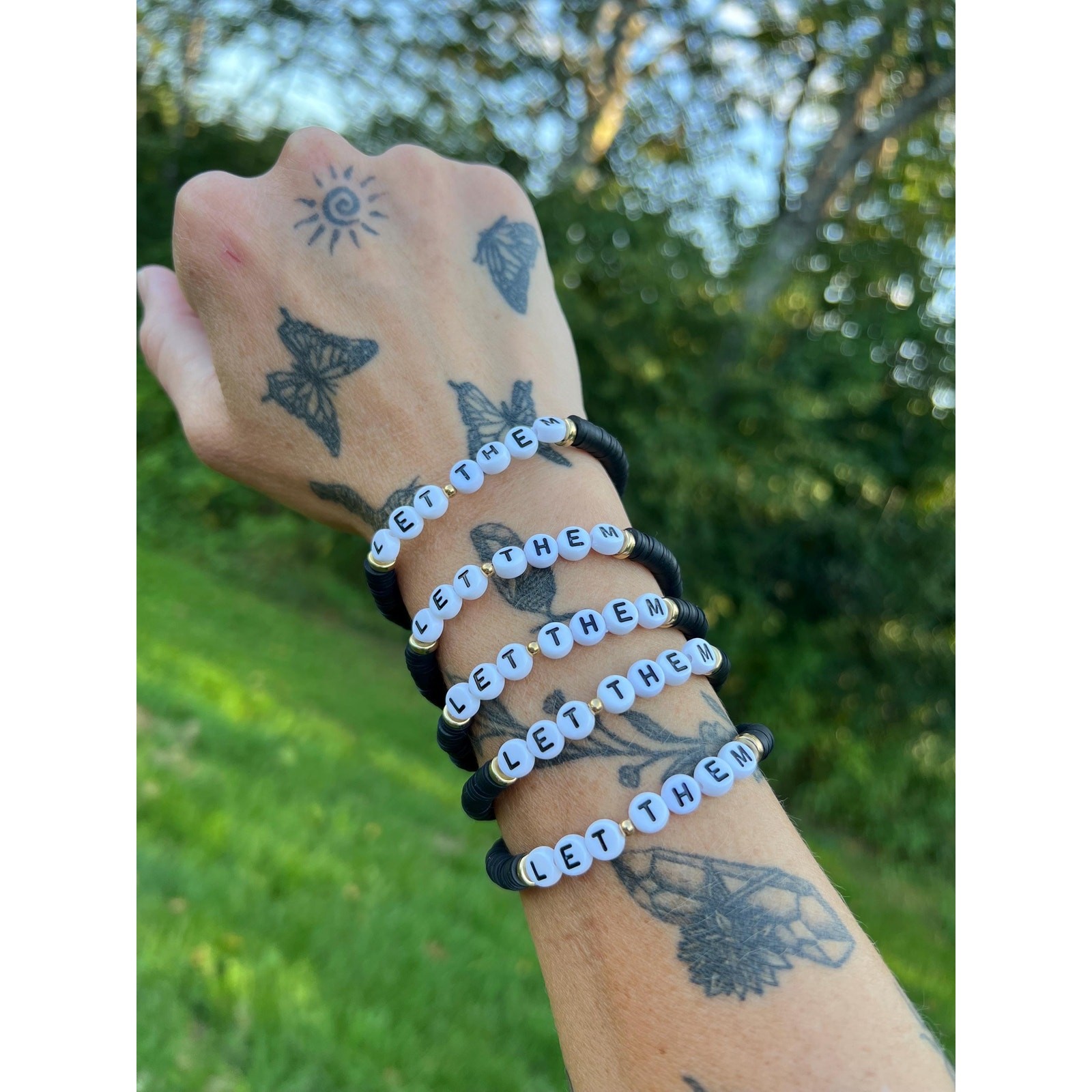 LET THEM BRACELET, black white gold, beaded stretch bracelet, inspirational