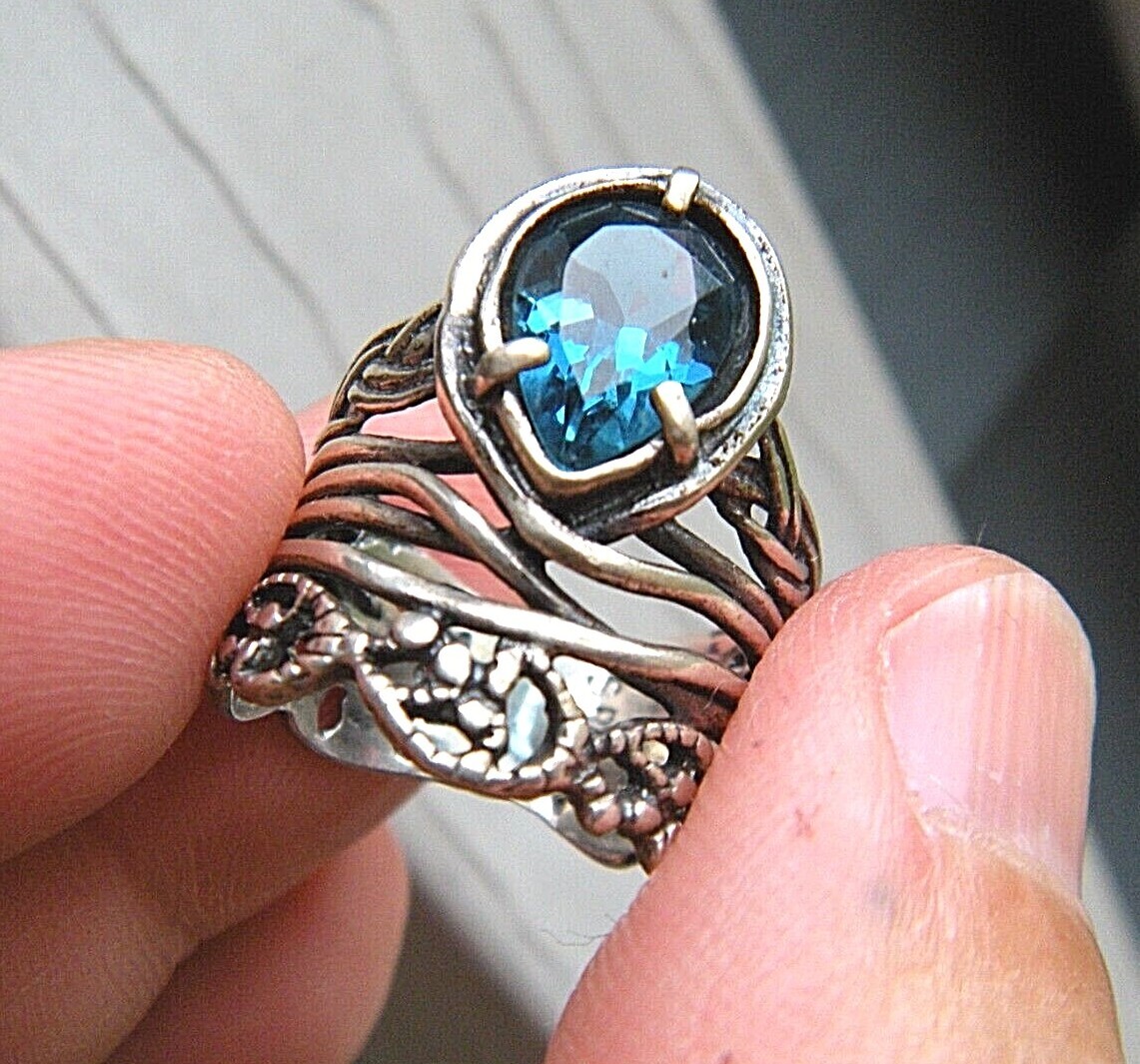Aquamarine Tear Drop PZ Paz Creations Sterling Silver Brutalist Israel Ring 5.5