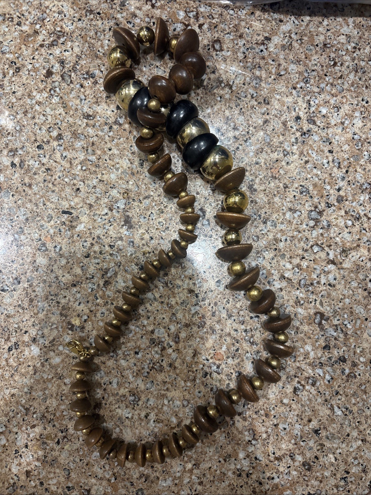 Vintage Mid-Century Modern Wood Disc Statement Necklace, Brass Spacer Boho Bead