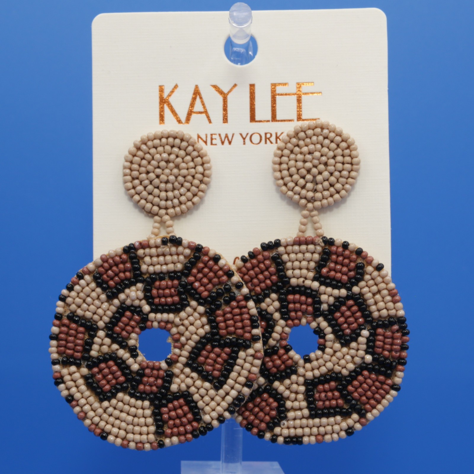 Kay Lee Beaded Leopard Print Circle Drop Earrings Brown Tan Statement Boho