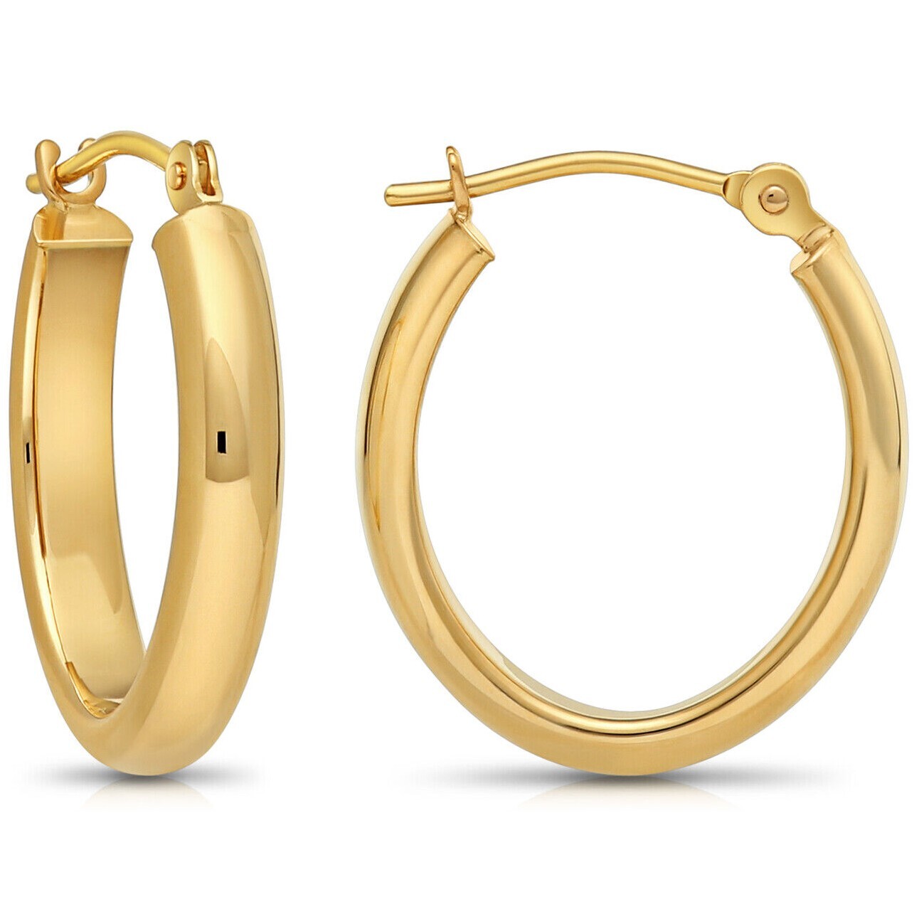 14K Real Solid Gold Classic Polished Half Round Tube Oval Hoop Earrings 18mm