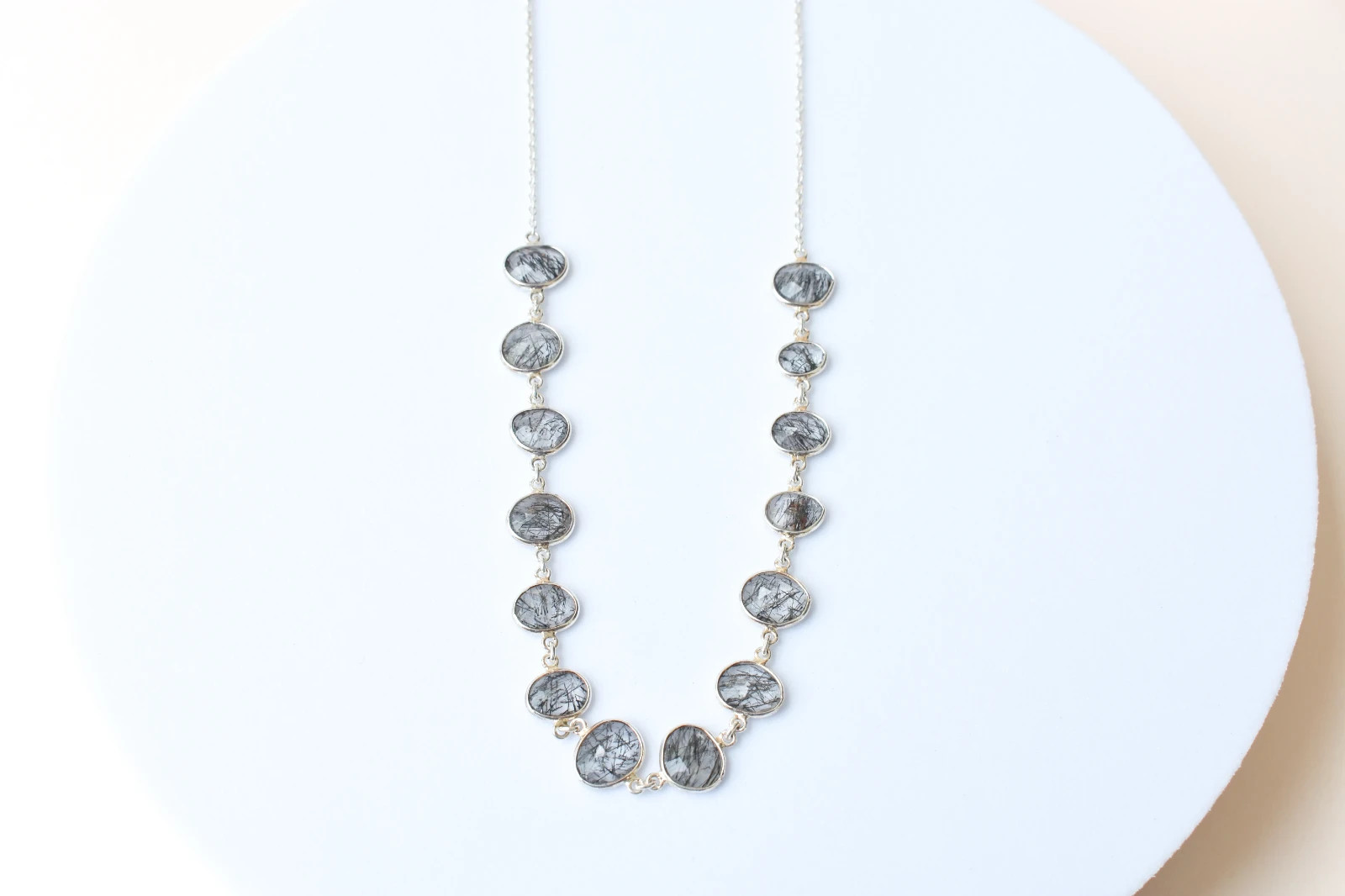 IGS Certified Black Rutilated Quartz Station Necklace, 925 Sterling Silver, Tour