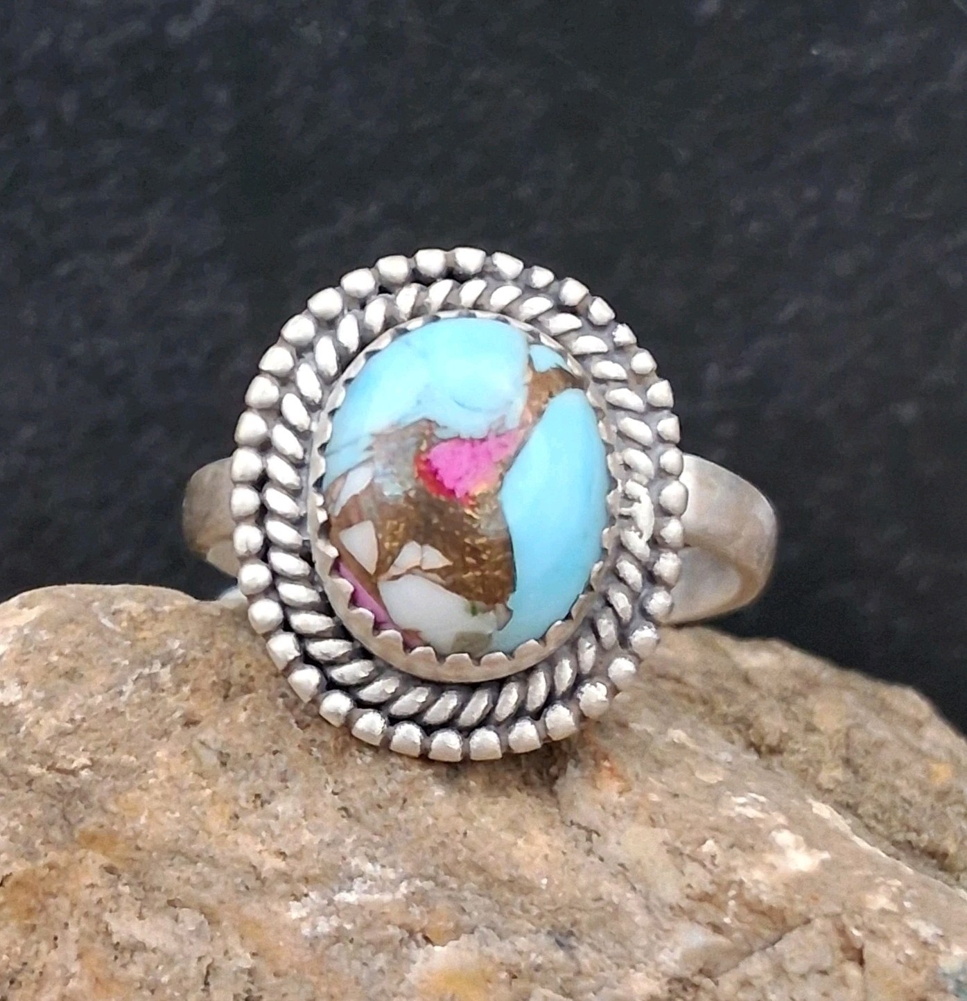 Cotton Candy Turquoise Ring Adjustable 5.5-10 Sterling Silver 925 Southwestern
