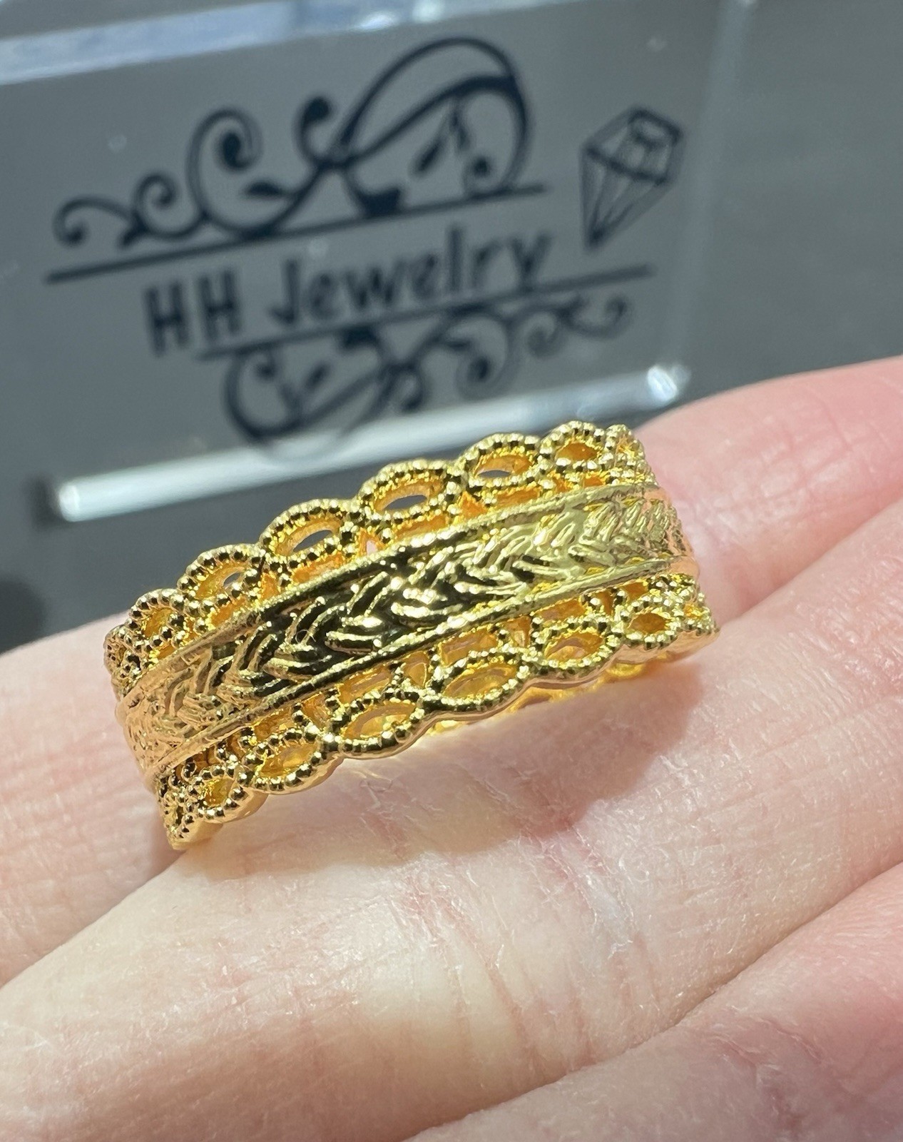 24K Yellow Gold Hollow Wide Diamond Cut Infinity Eternity Ring Band