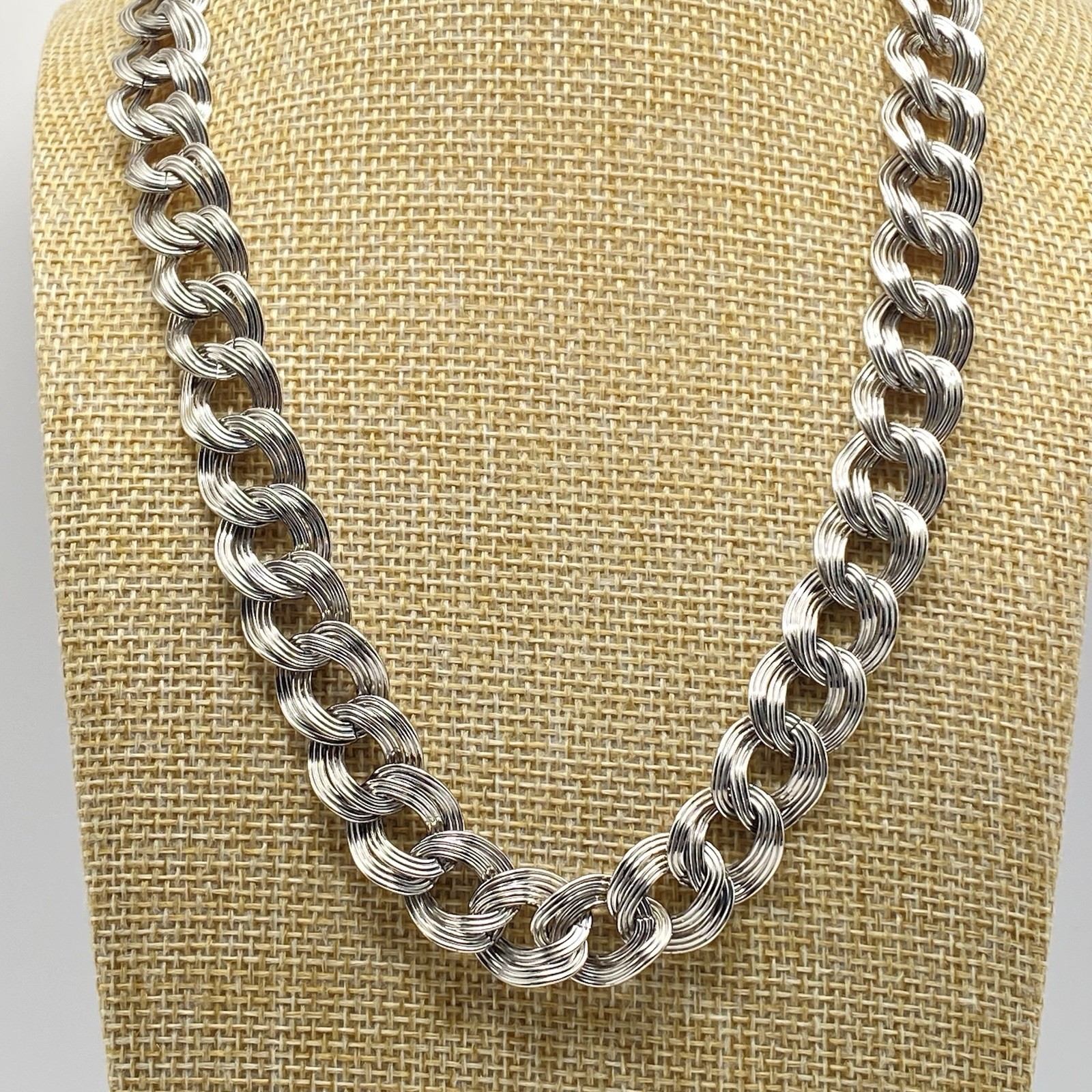 Monet Double Curb Link Necklace Silver Tone Vintage Hook Closure 1980s 20”