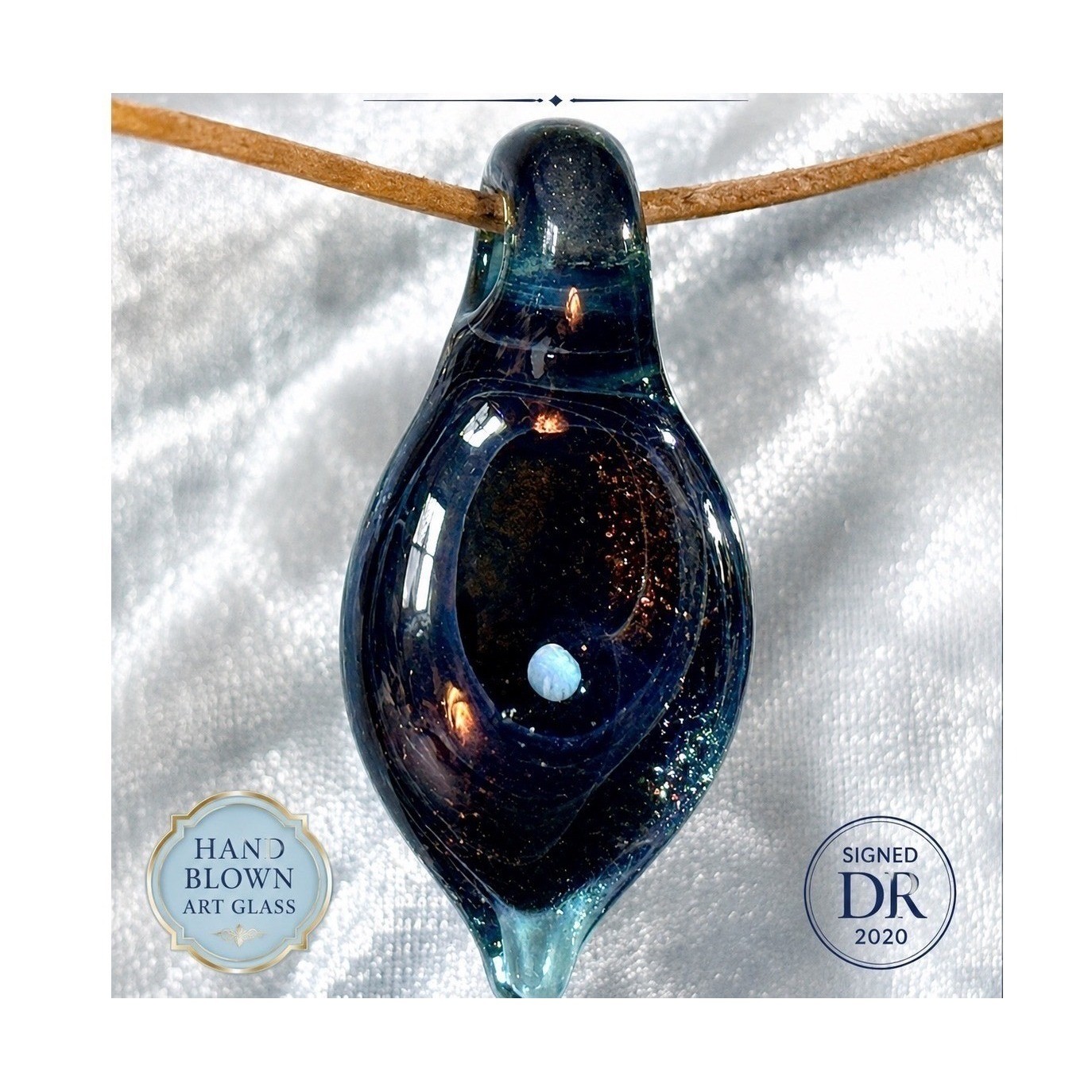 Signed DR 2020 Hand Blown Art Glass Galaxy Pendant with Opal Inlay Dark Blue