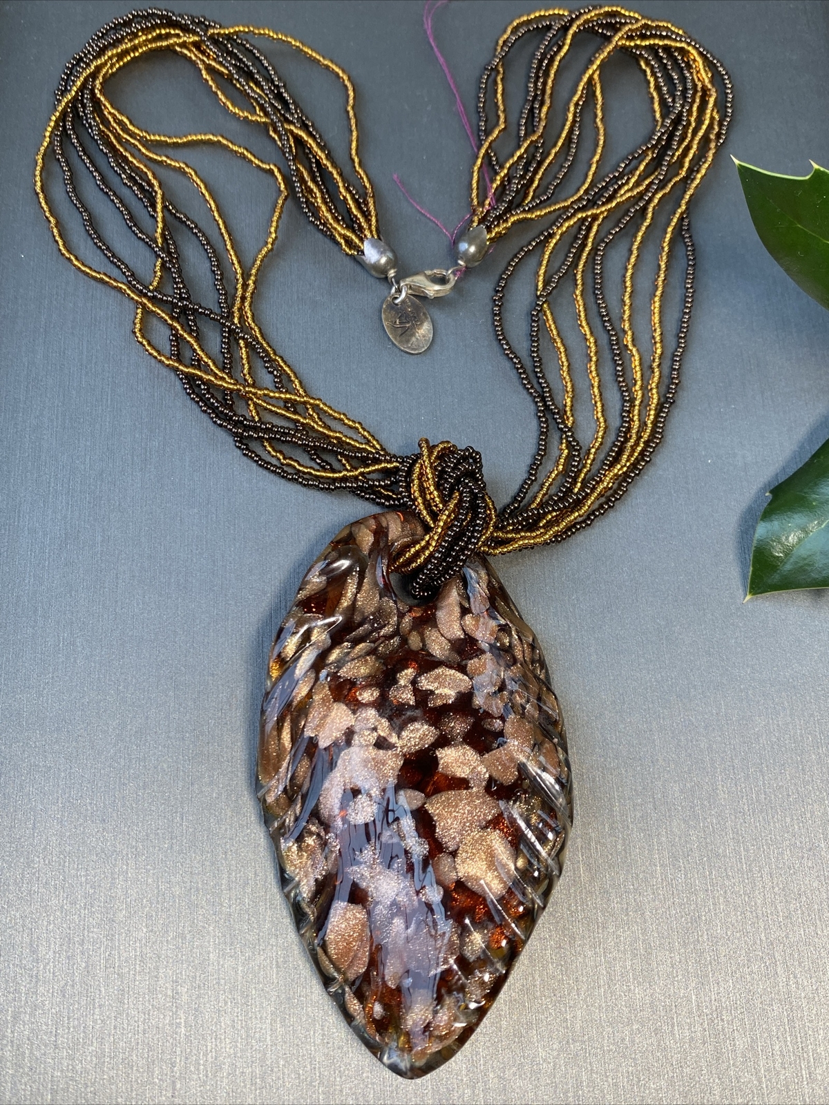 Vintage Pendant Necklace Handblown Murano Italy Art Glass 24K Gold Fleck Signed