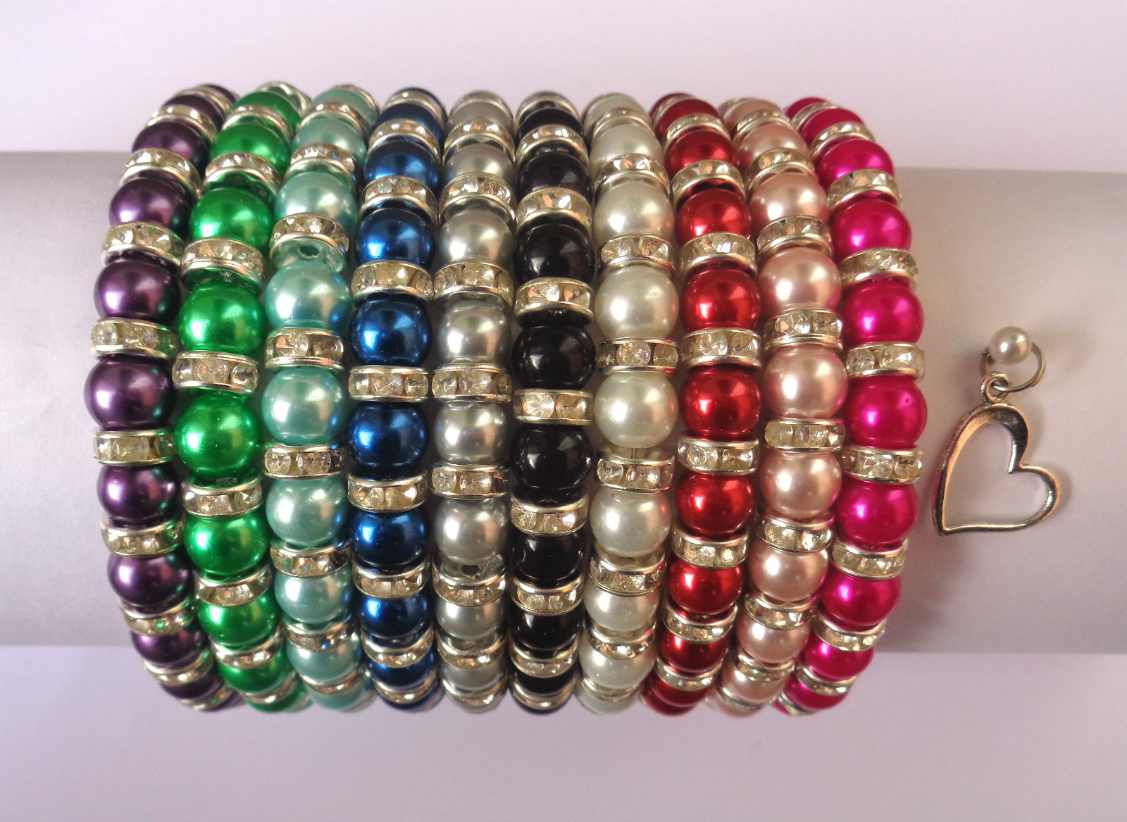 Glass Pearl Diamante Elastic Bracelet with Heart Charm Bridal / Prom 10 COLOURS