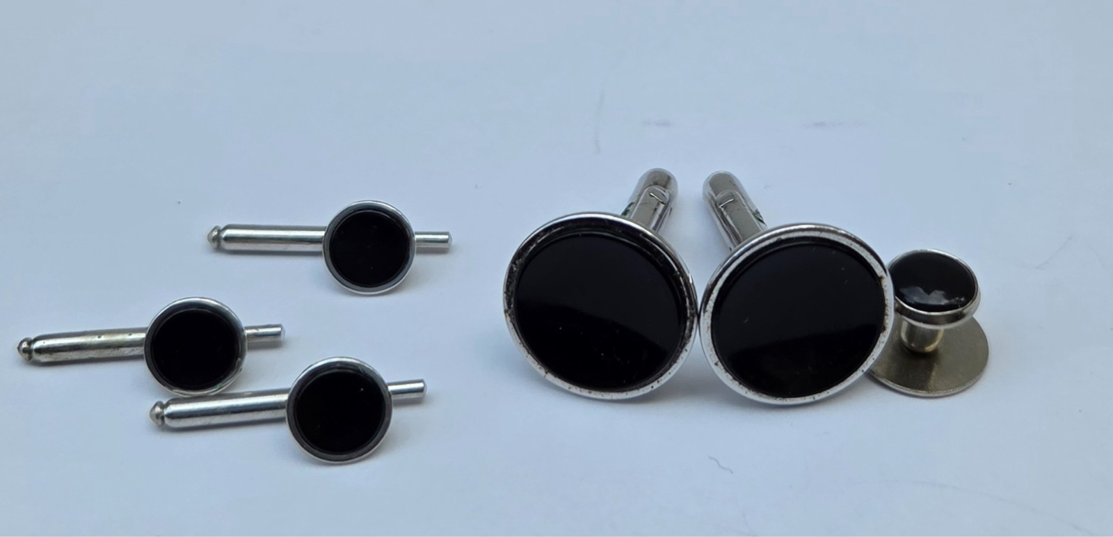 Vintage Swank Silver Tone Black Onyx Cufflinks and Tuxedo Shirt Studs Set