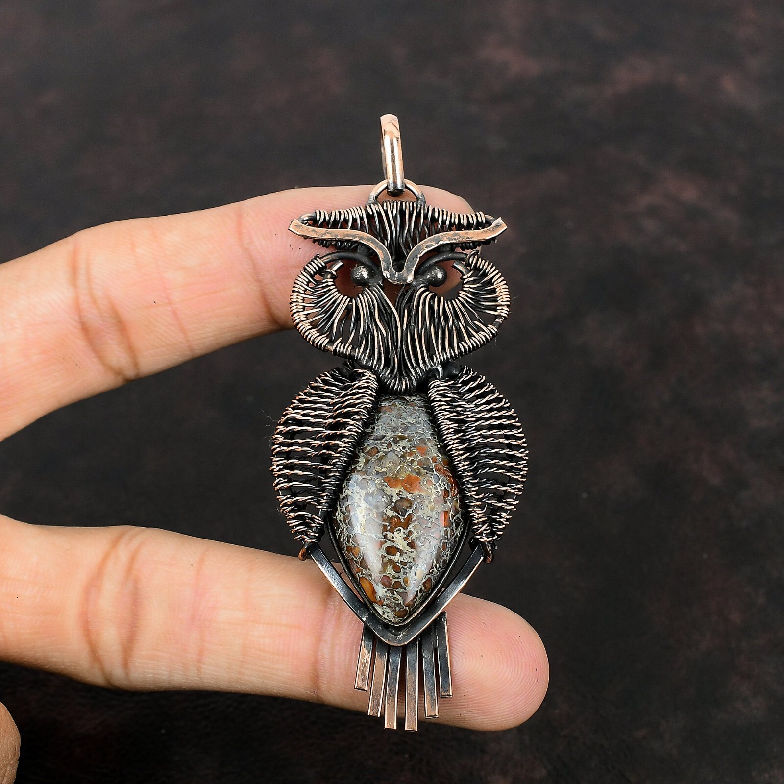 Dinosaur Bone Jewelry Copper Gift For Mother Wire Wrapped Owl Pendant 3.39″