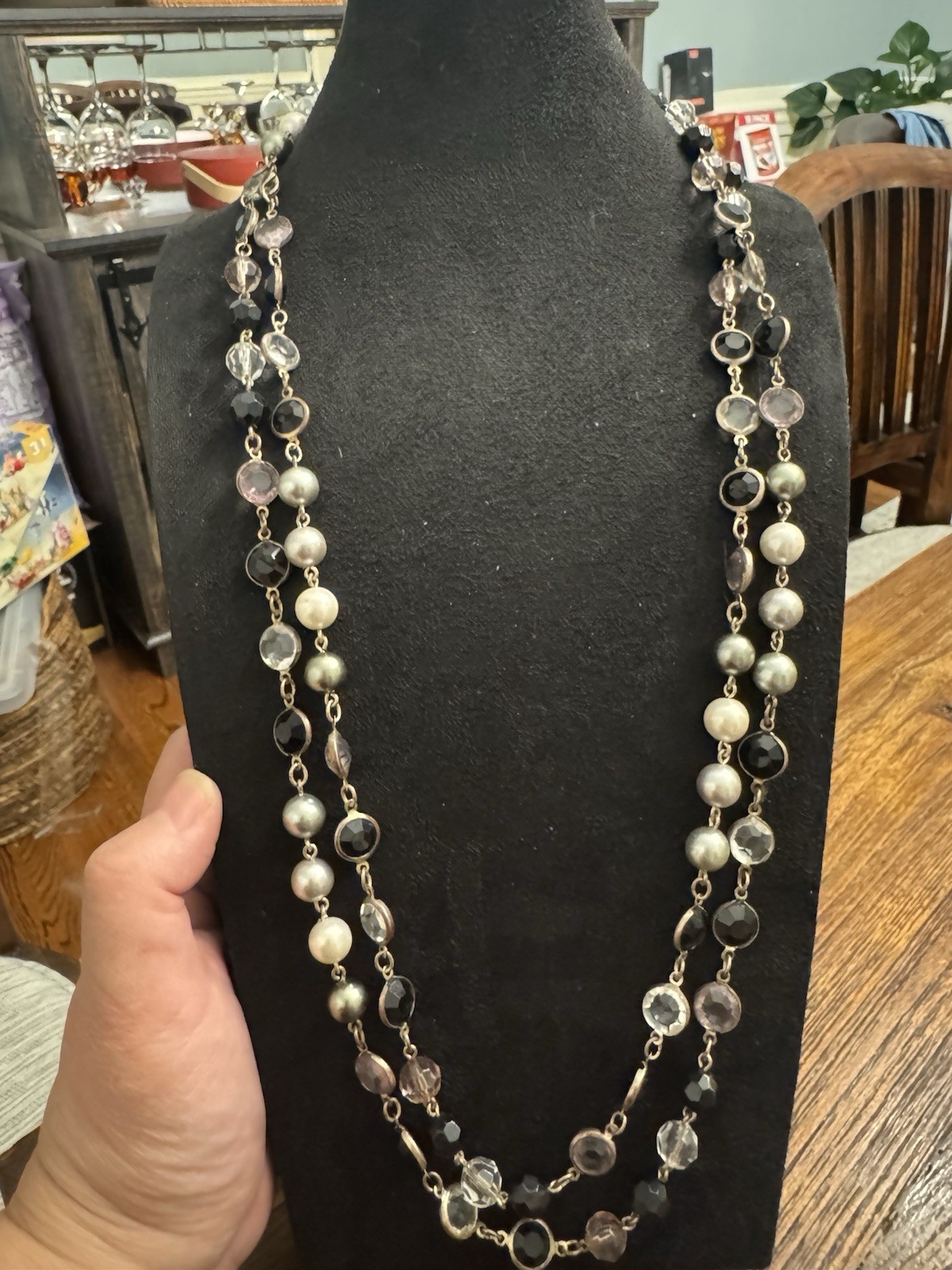 Long Double Strand Faux Pearl & Faceted Crystal Beaded Necklace Black Gray Gold