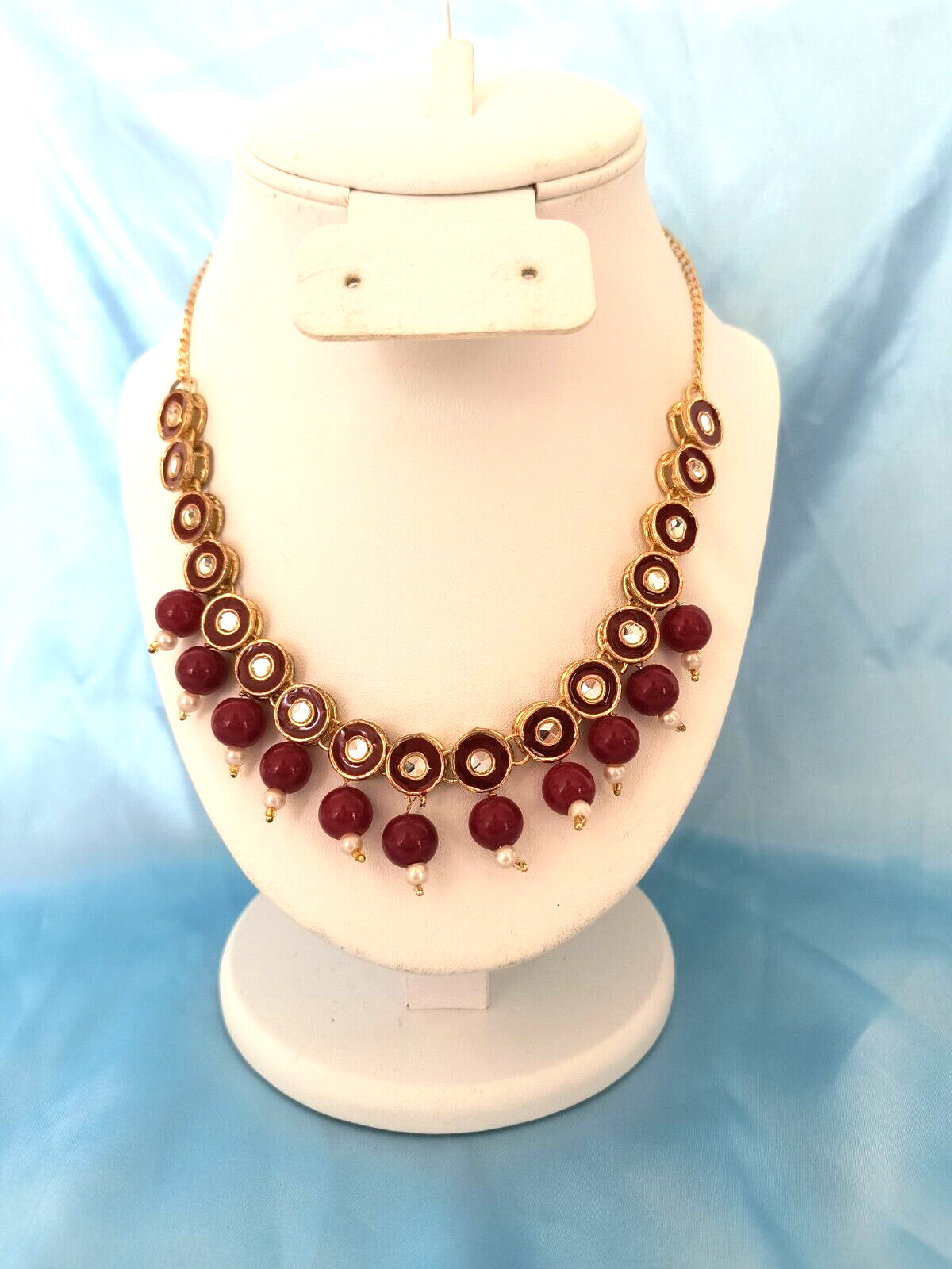 Women’s Statement Necklace Red Gold White Clear Colors with Gold Tone Chain