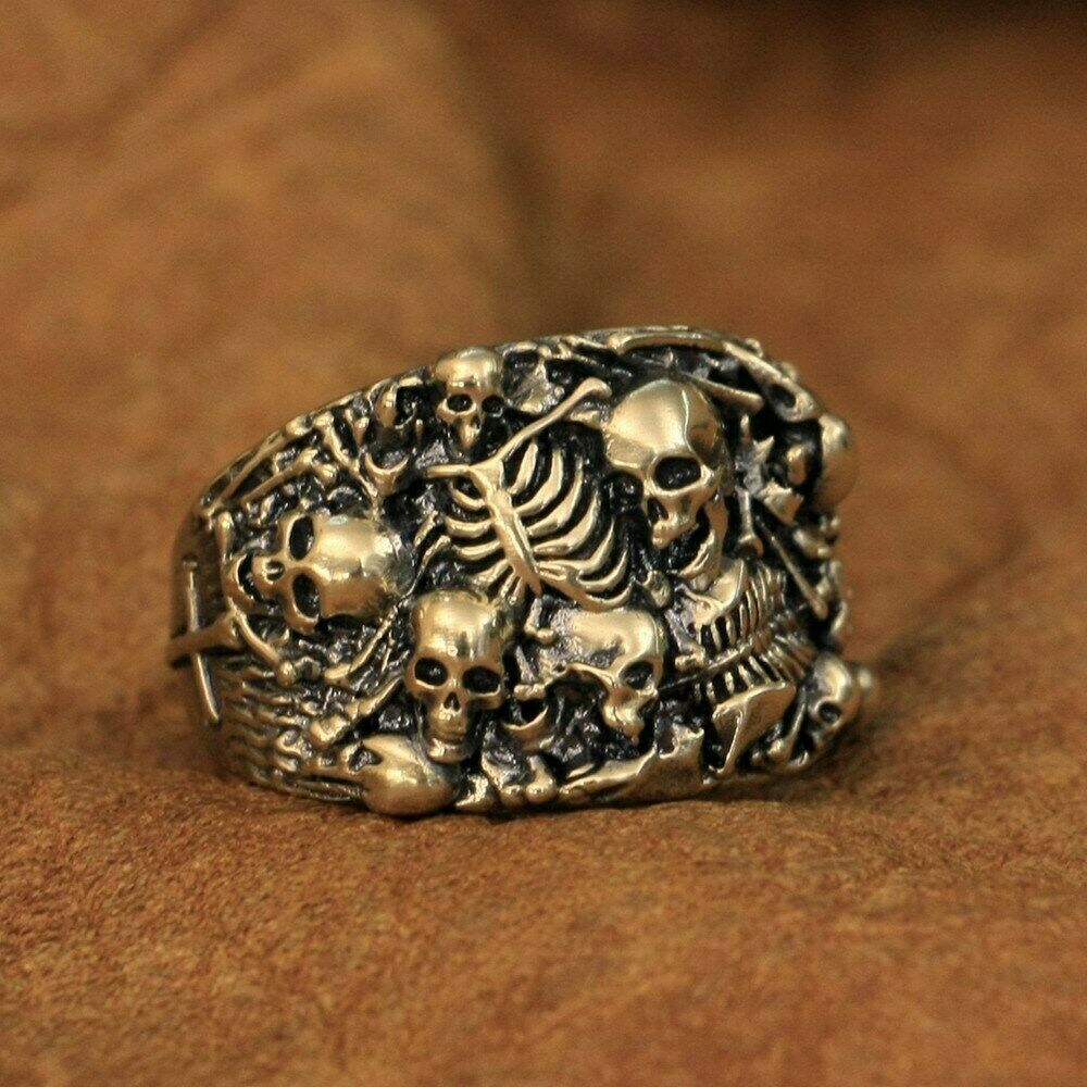 LINSION Rings Brass Skulls Grave Ring Mens Punk Jewelry BR257D US Size 7~15