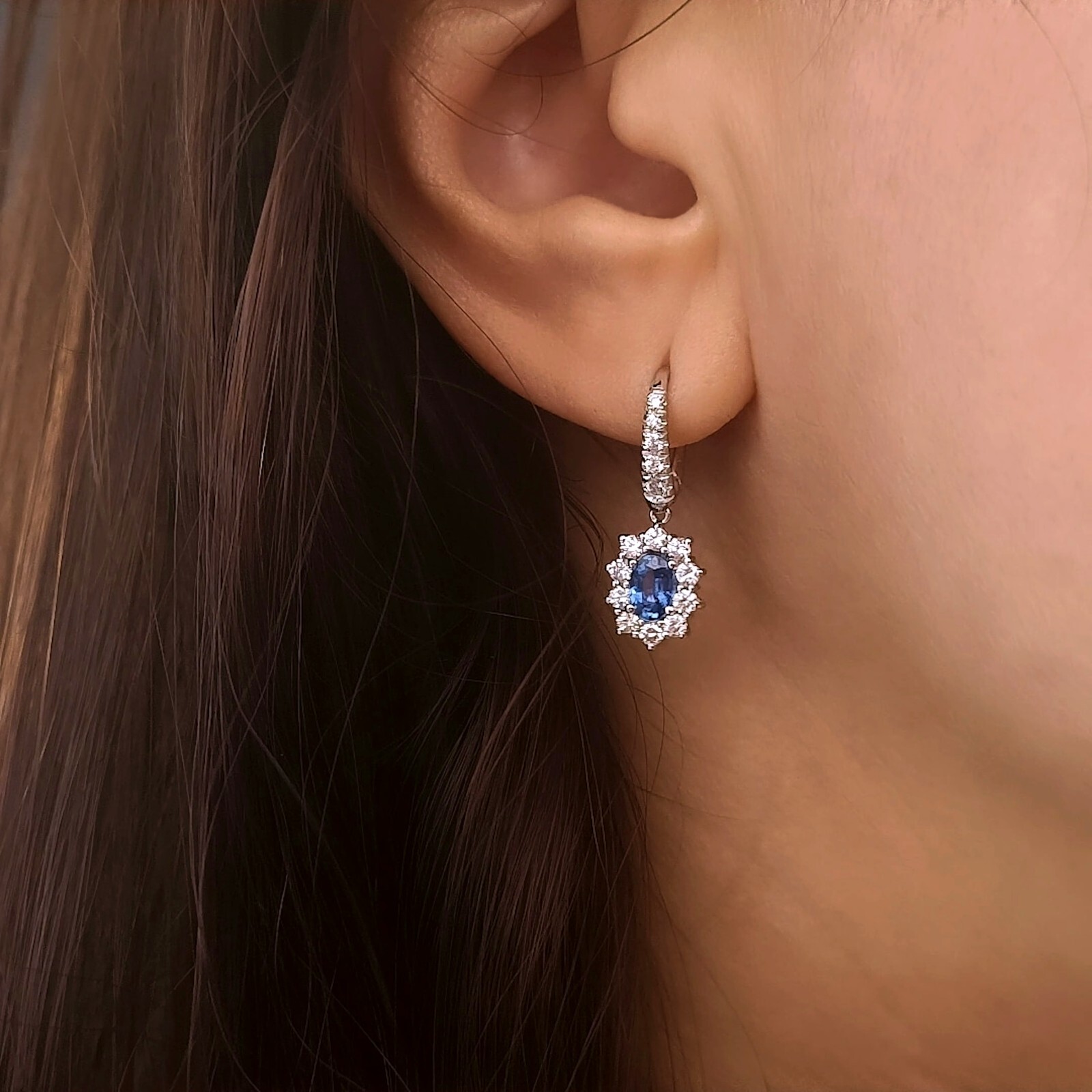 18kt White Gold Diamond Oval Blue Sapphire Nun Earrings