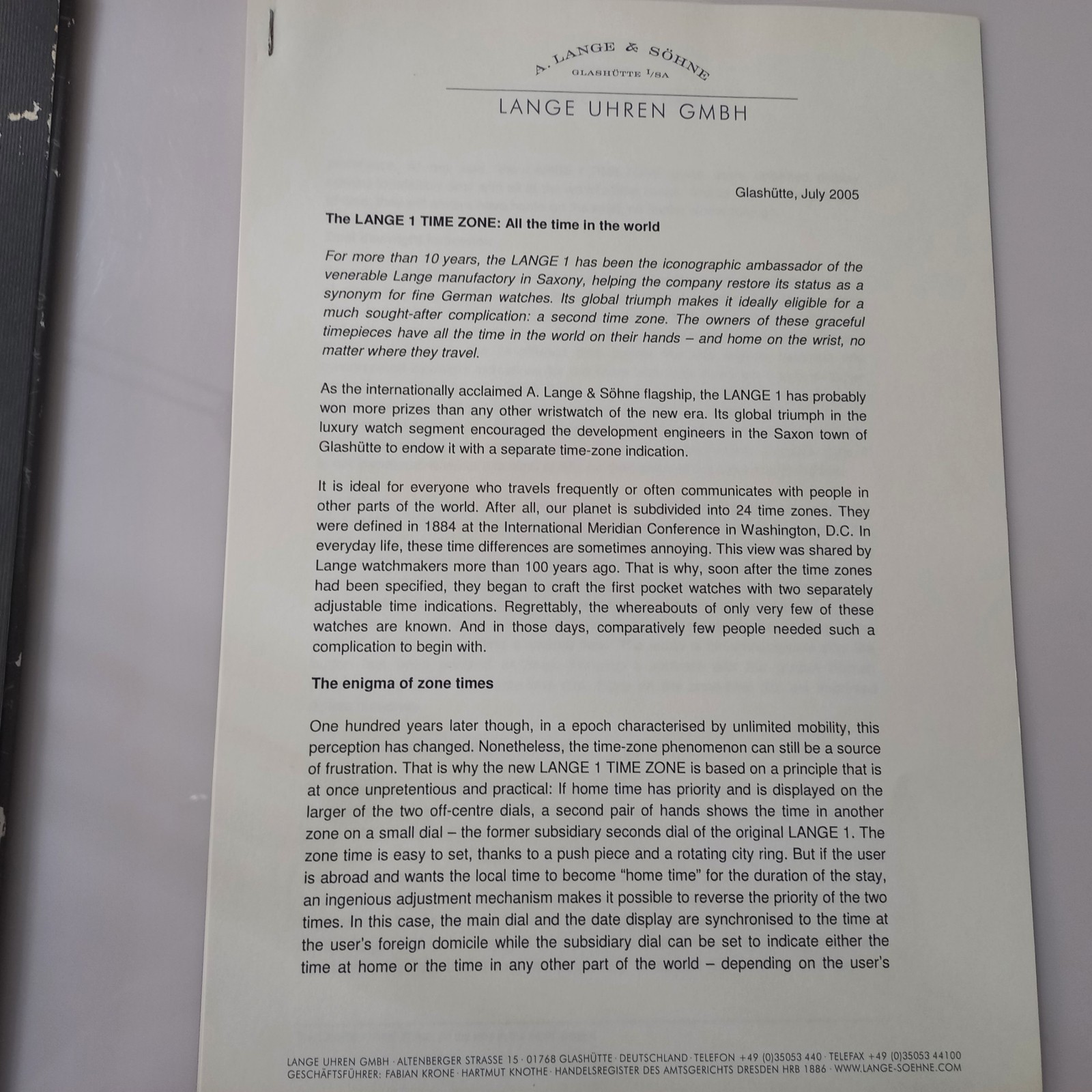Rare 2005 A. Lange & Söhne Lange 1 Time Zone Press Kit & Technical Drawings