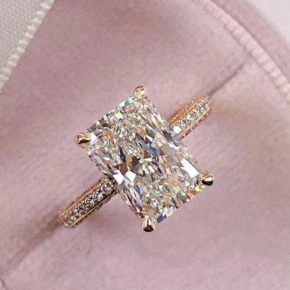 5.59 TCW Emerald Moissanite Hidden Halo Engagement Ring 14K Yellow Gold Plated