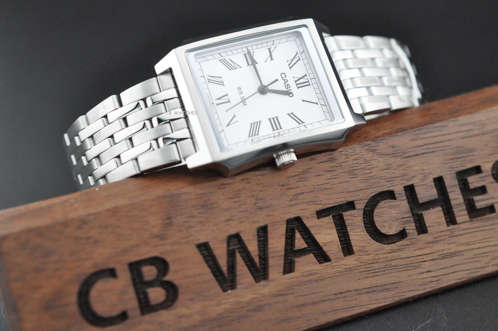 Casio MTP-B190D-7B Mens TANK Quartz Watch Silver Dial Stainless Steel