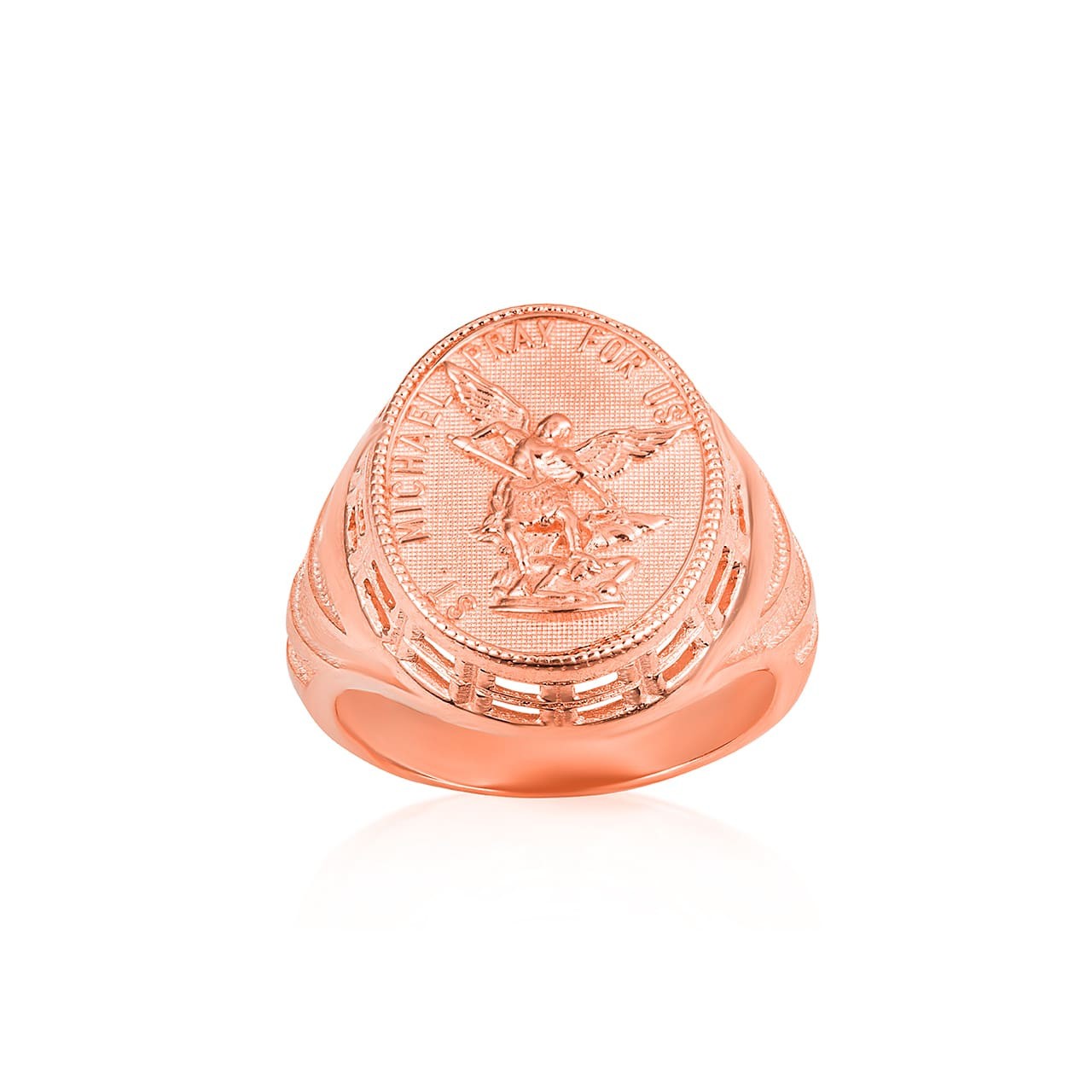 Gold Religious Patron Saint Michael Archangel Beaded Oval Signet Ring