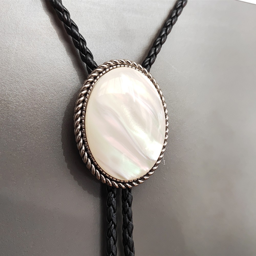 Mother of Pearl Mens Bola Bolo Tie Wedding Necklace Western Cowboy PU Leather