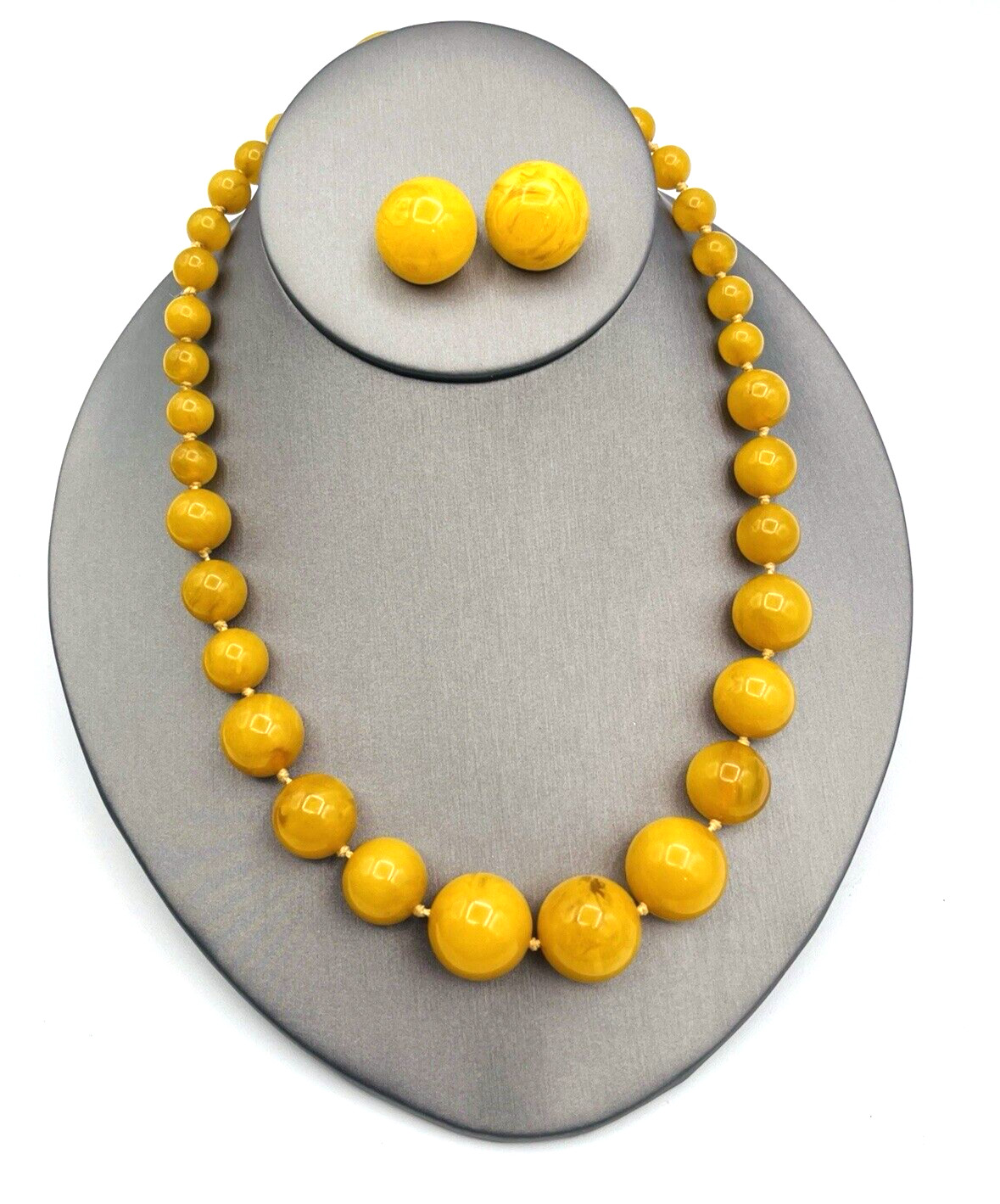 Vintage Egg Yolk Bakelite Beaded Graduated Necklace and Clip Earrings Set