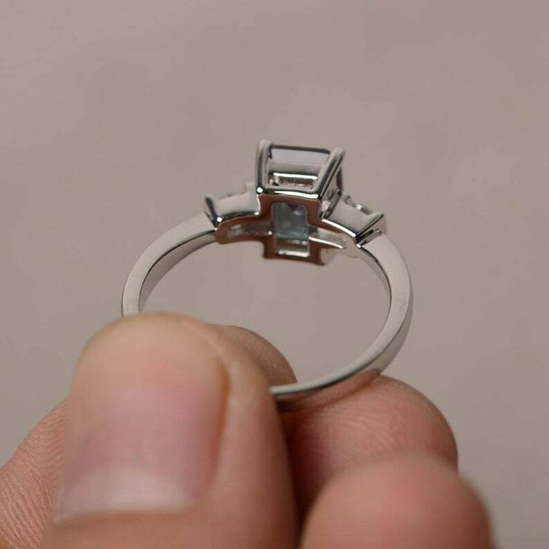 3Ct Emerald Simulated Alexandrite Three Stone Ring 14K White Gold Plated Silver